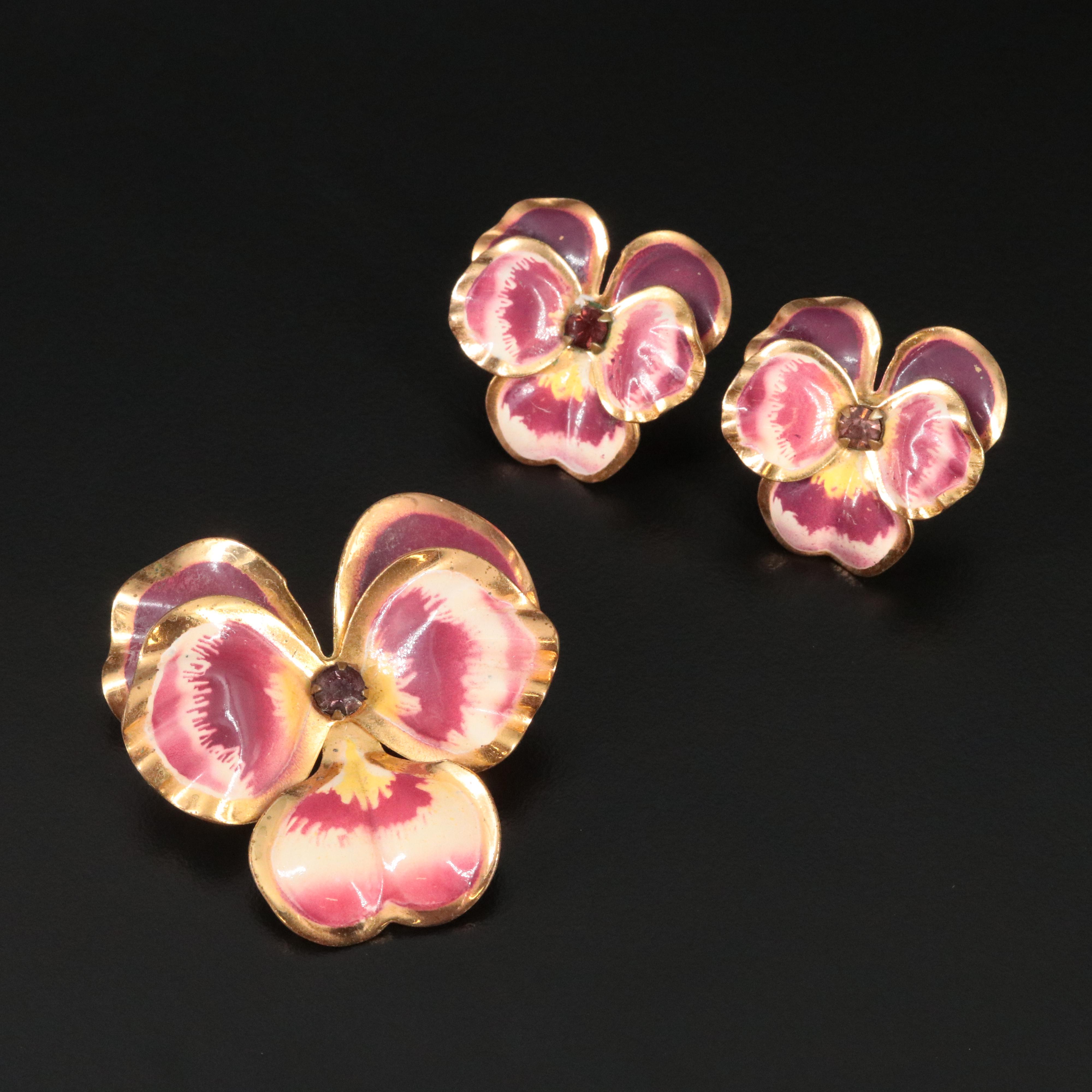 Enamel and Rhinestone Pansy Earrings and Brooch
