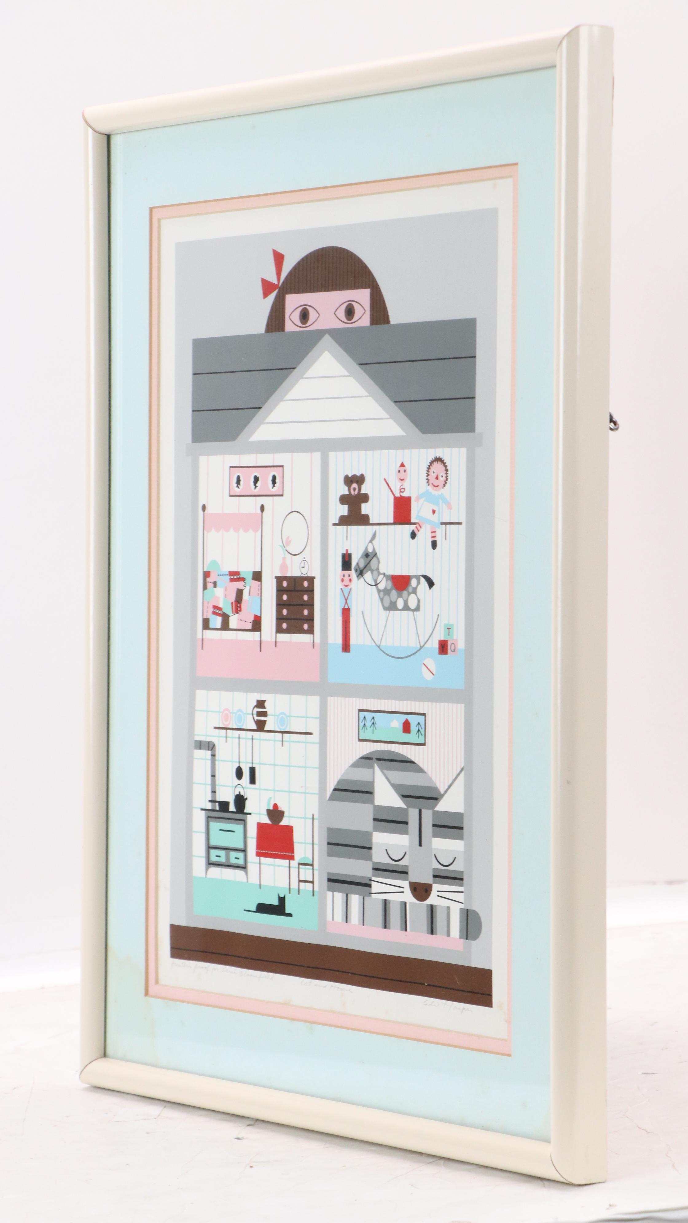 Edie Harper Serigraph "Cat and House," 1985