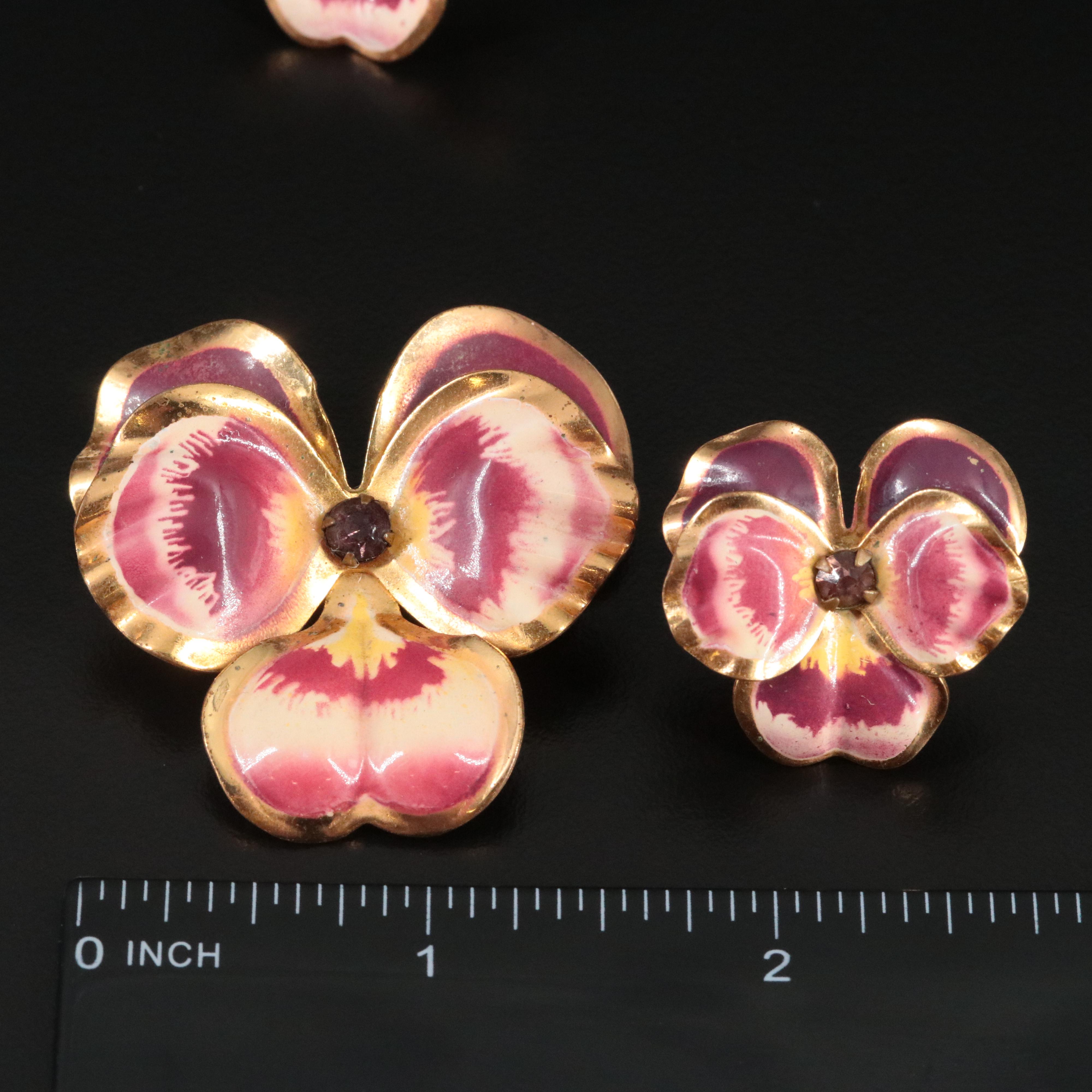 Enamel and Rhinestone Pansy Earrings and Brooch