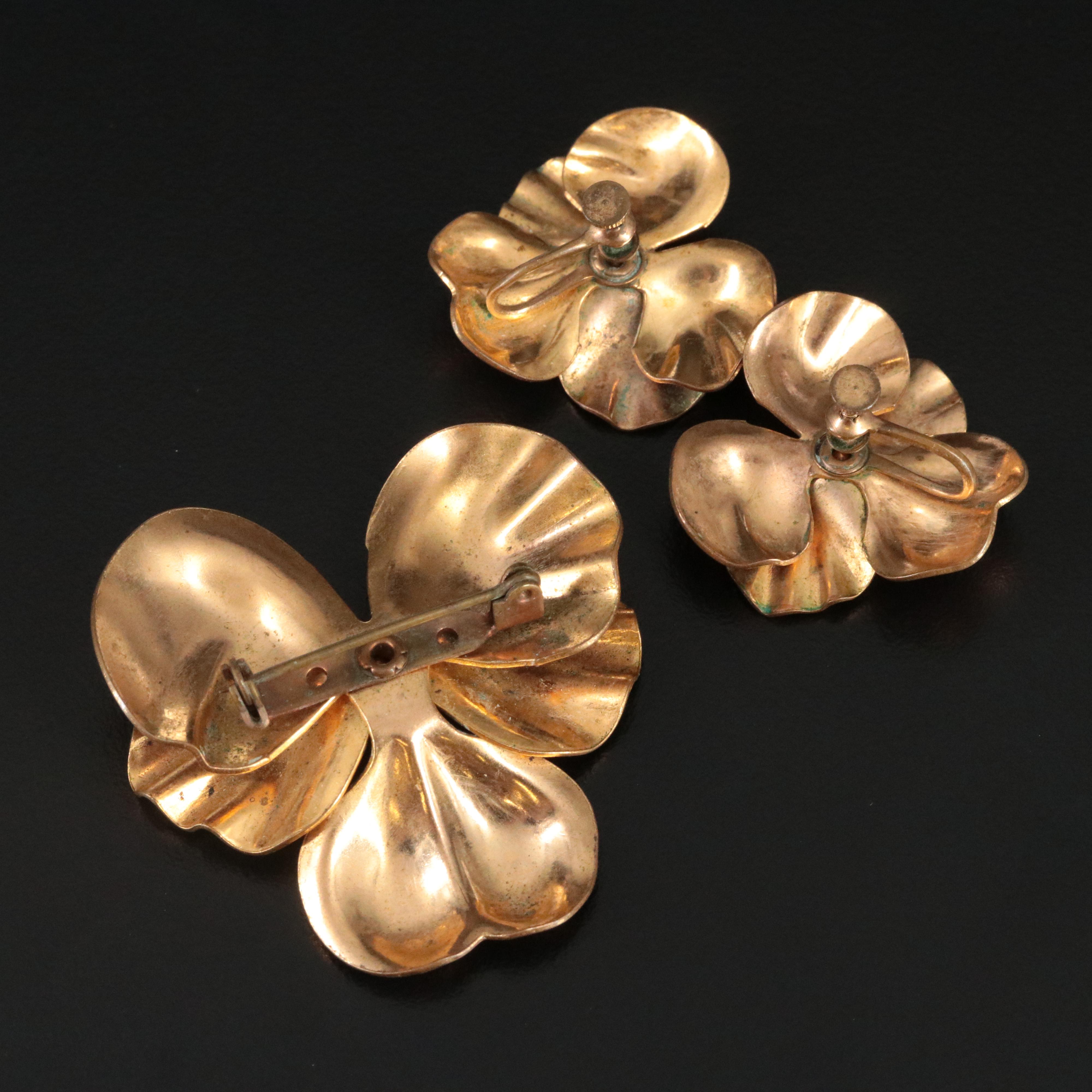 Enamel and Rhinestone Pansy Earrings and Brooch