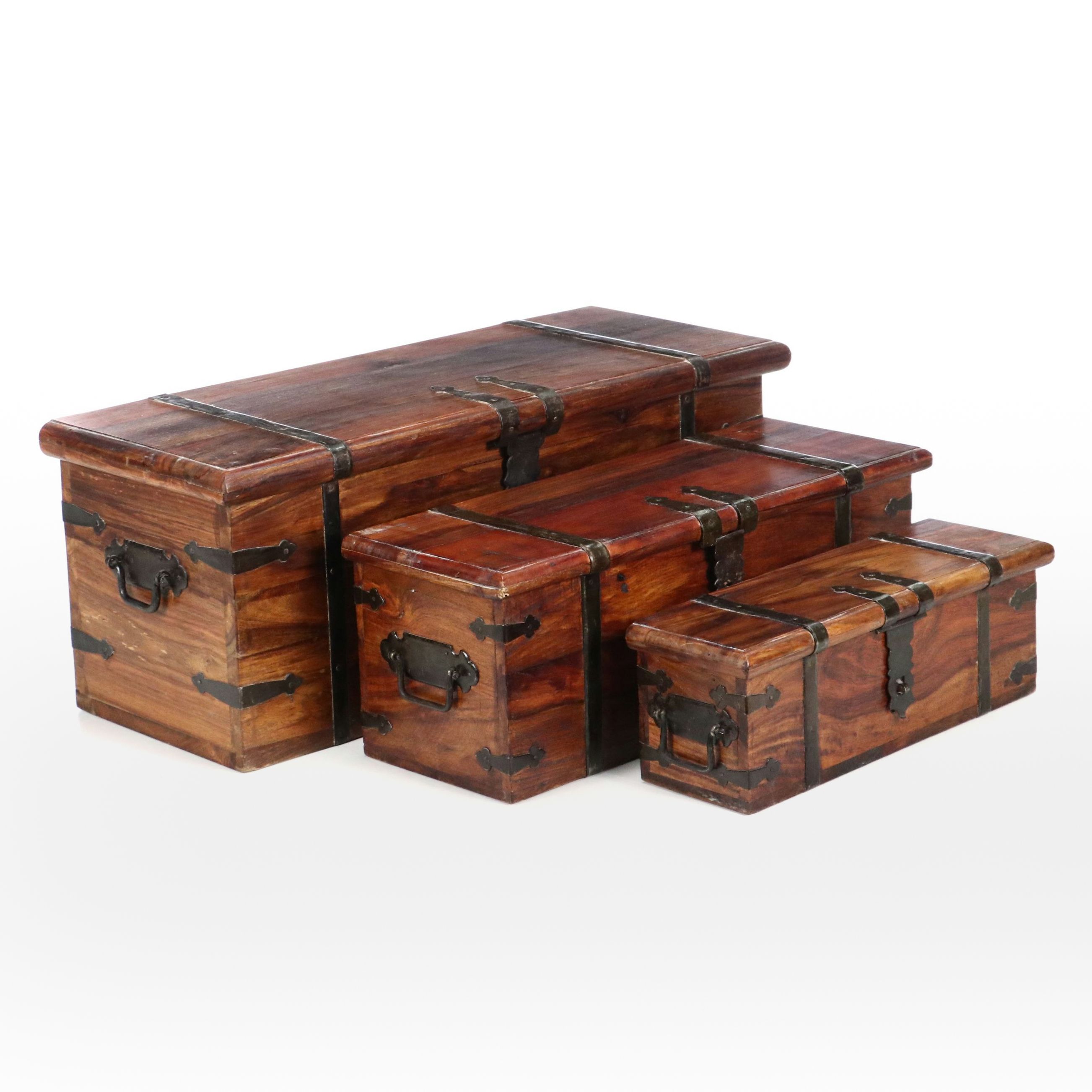 Set of Three Rustic Style Iron Bound Wood Trunks, Late 20th Century