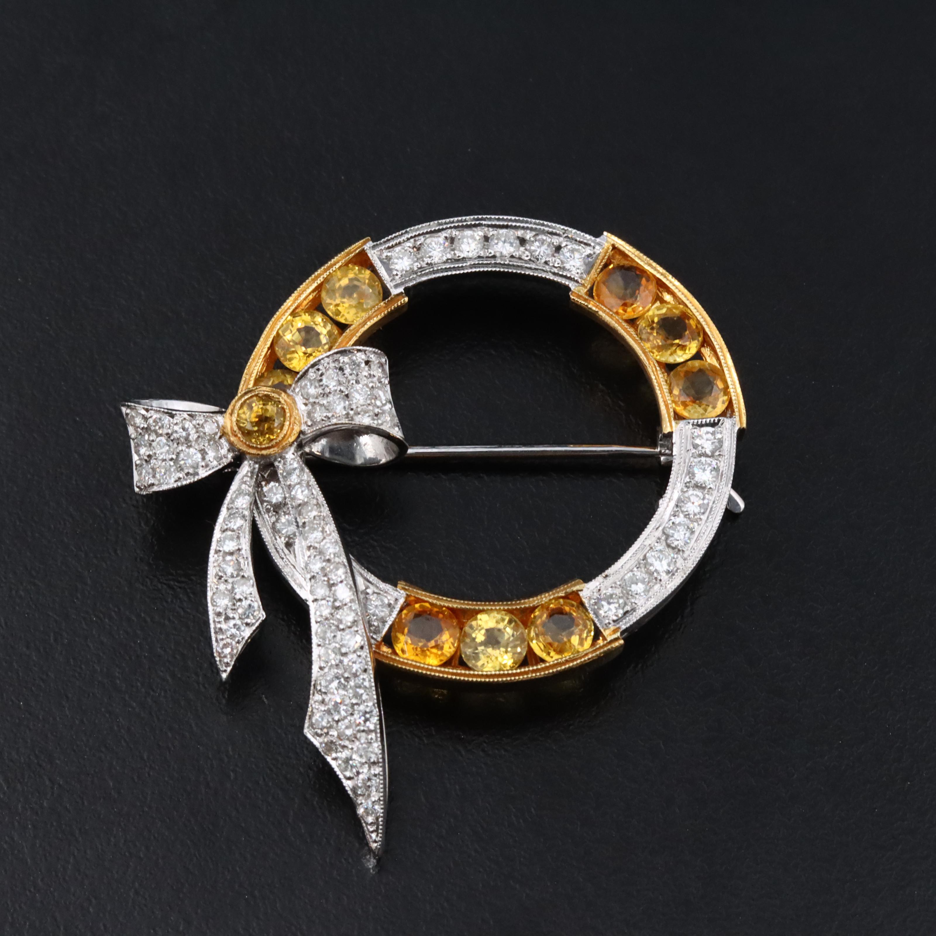Art Deco 14K Yellow Sapphire and Diamond Circle Bow Brooch