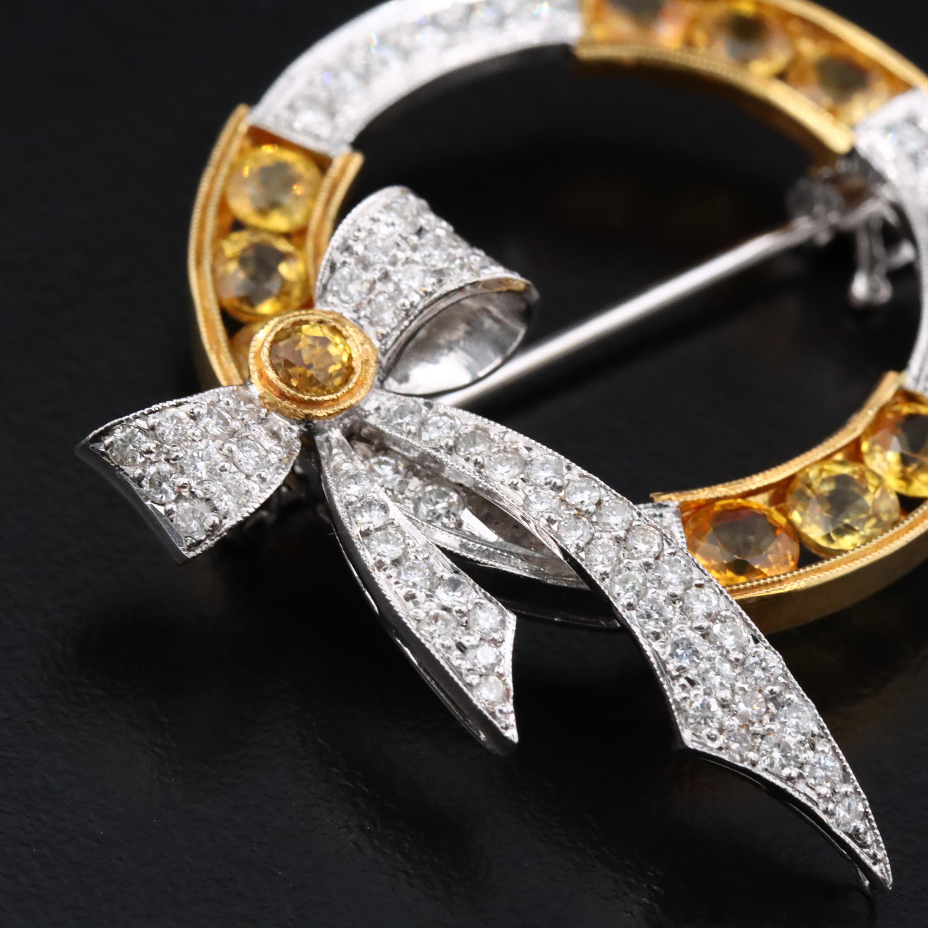 Art Deco 14K Yellow Sapphire and Diamond Circle Bow Brooch