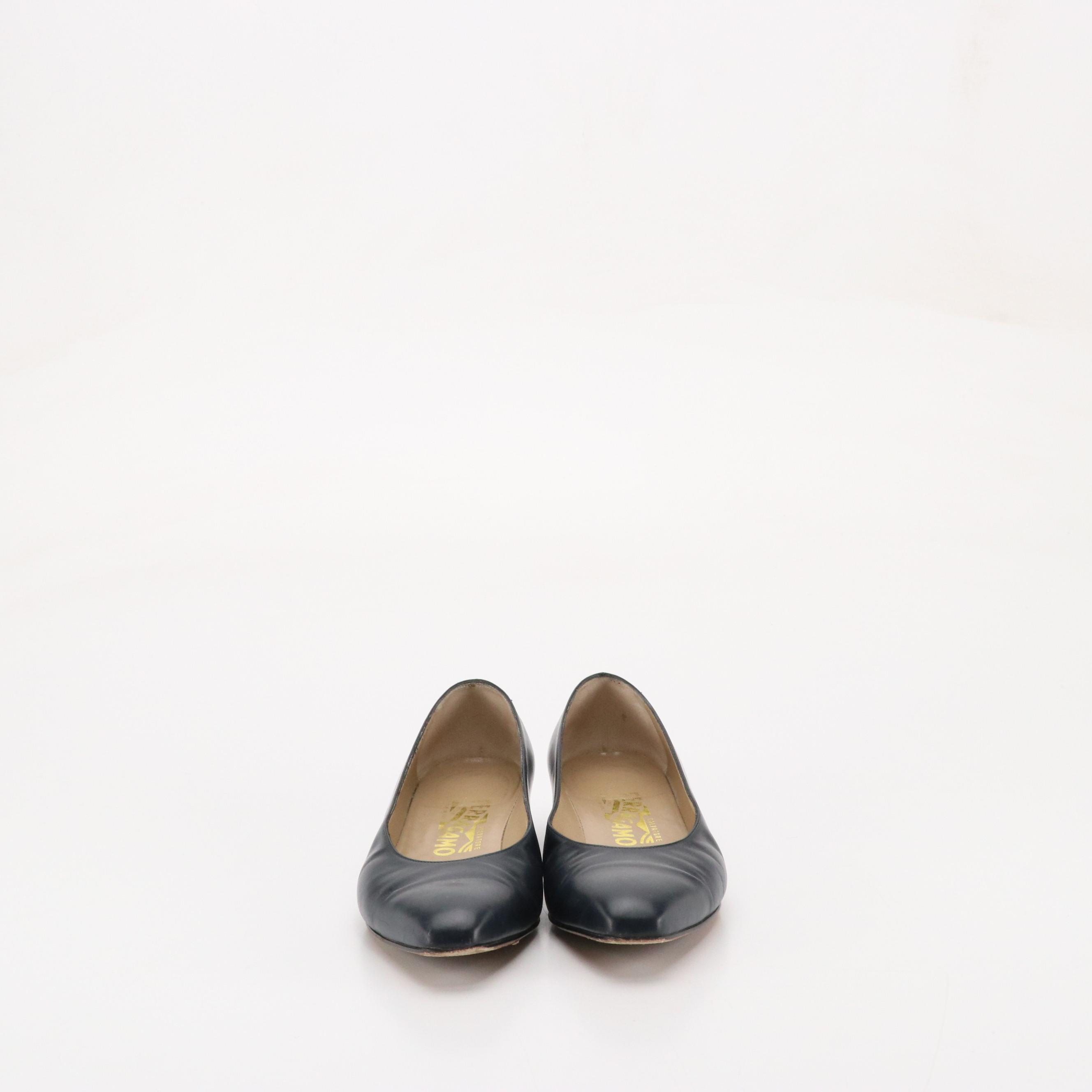 Salvatore Ferragamo Vintage Navy Nubuck and Calfskin Low-Heeled Shoes, in Boxes