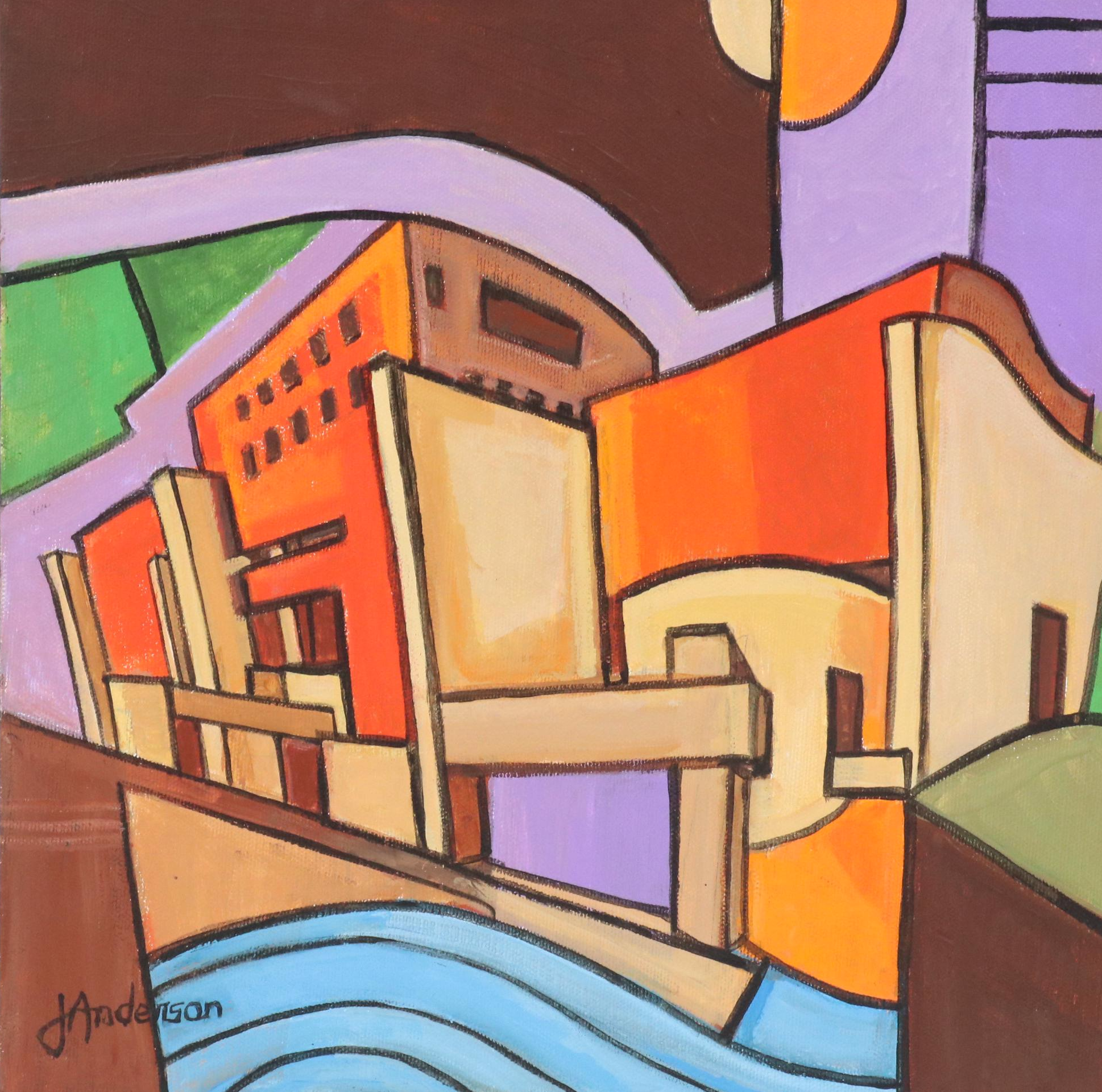 J. Anderson Modernist Style Acrylic Paintings of Cincinnati Cityscapes