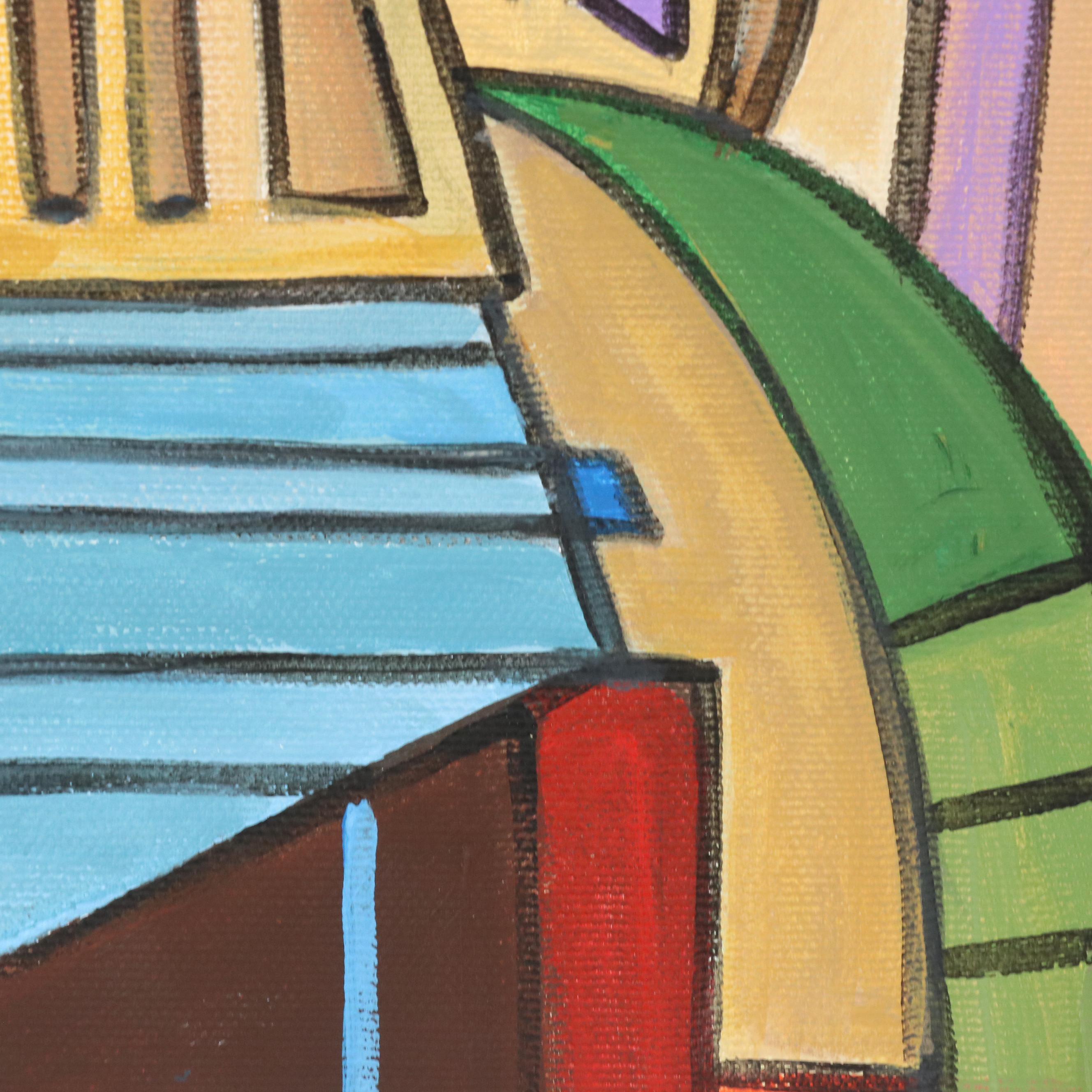 J. Anderson Modernist Style Acrylic Paintings of Cincinnati Cityscapes