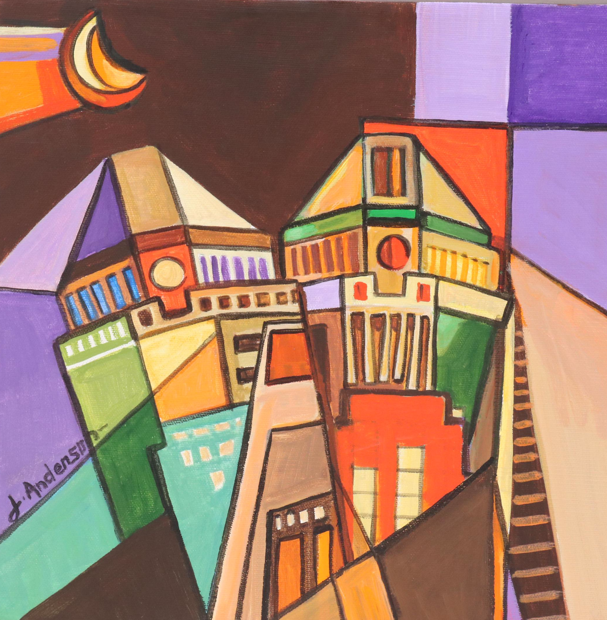 J. Anderson Modernist Style Acrylic Paintings of Cincinnati Cityscapes