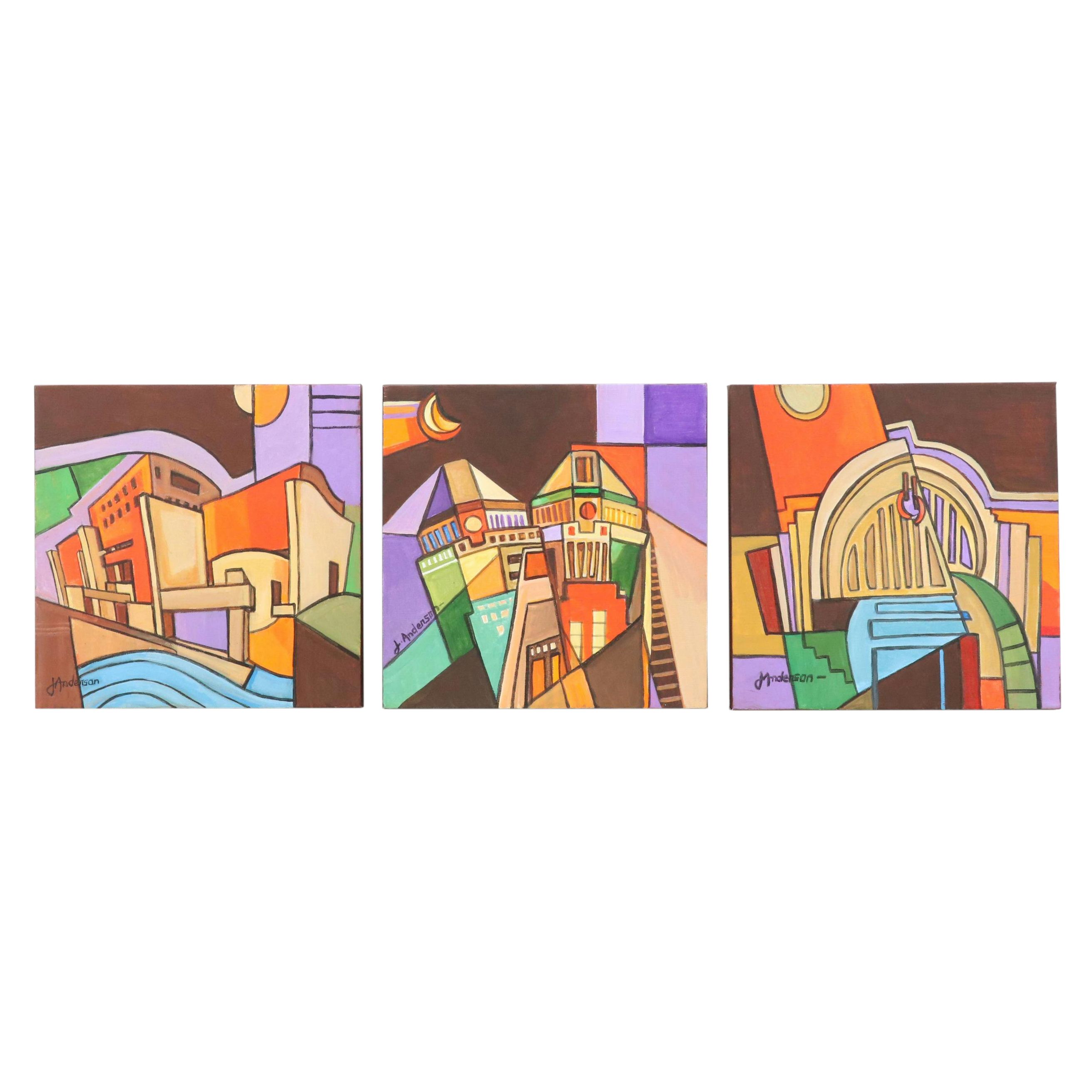 J. Anderson Modernist Style Acrylic Paintings of Cincinnati Cityscapes