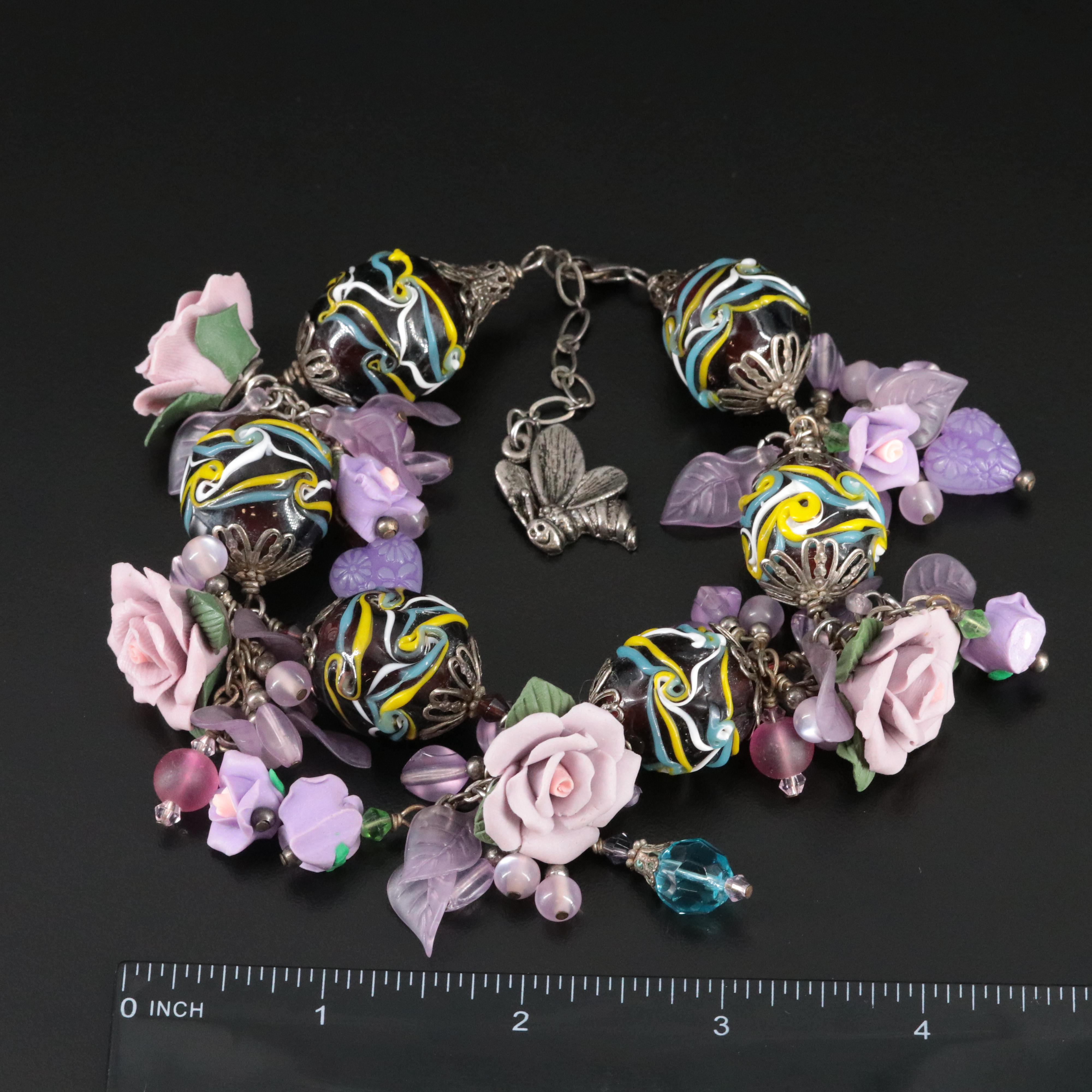 Sterling Glass and Resin Orb Bracelet with Floral and Bead Accents