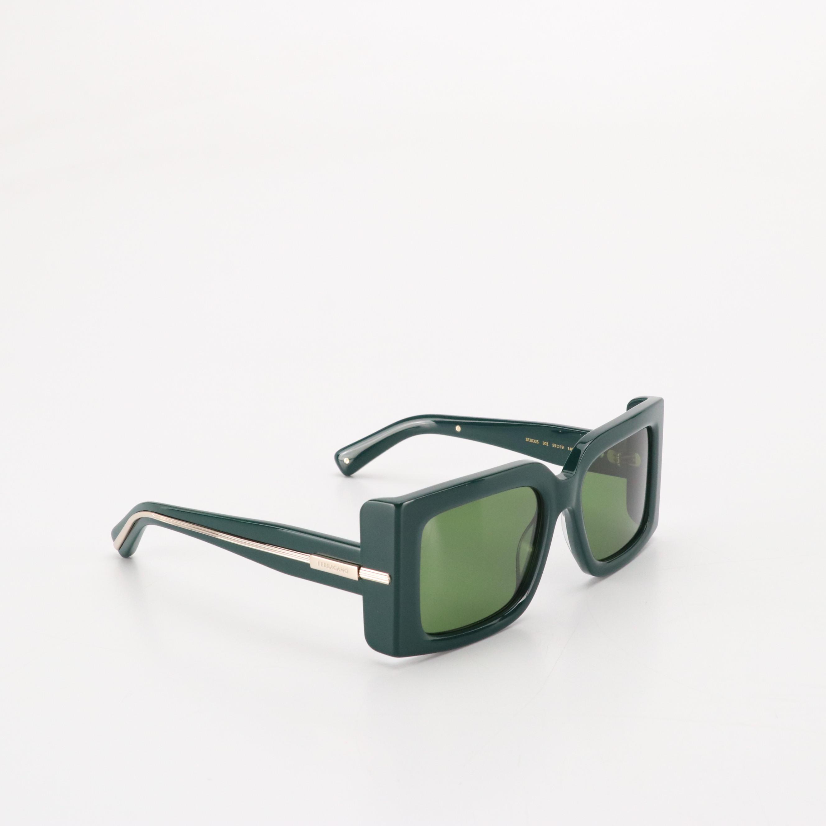 Salvatore Ferragamo SF2032S Green Square Frame and Lens Sunglasses w/ Case & Box
