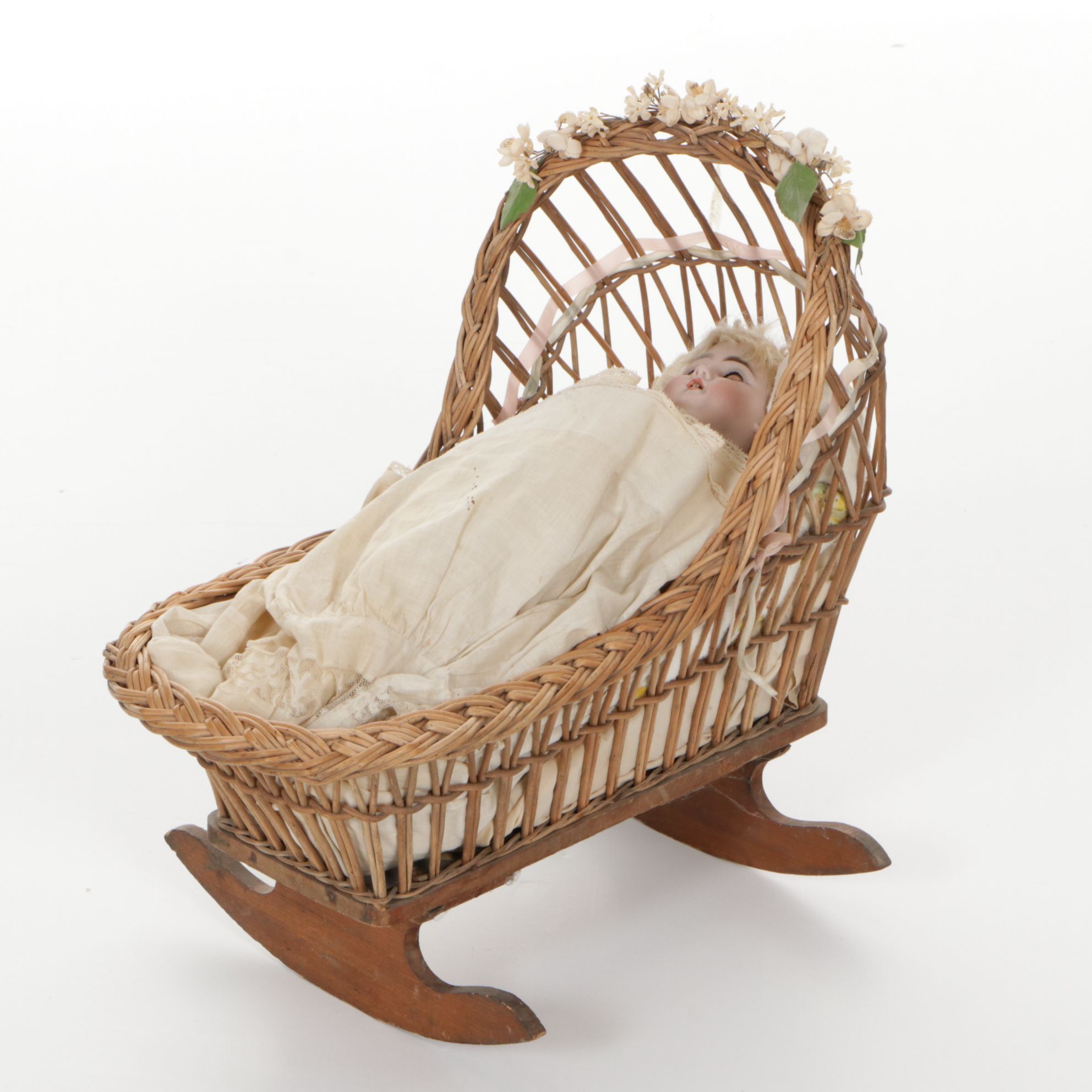 German Porcelain Open Mouth Doll with Composition Body and Wicker Cradle