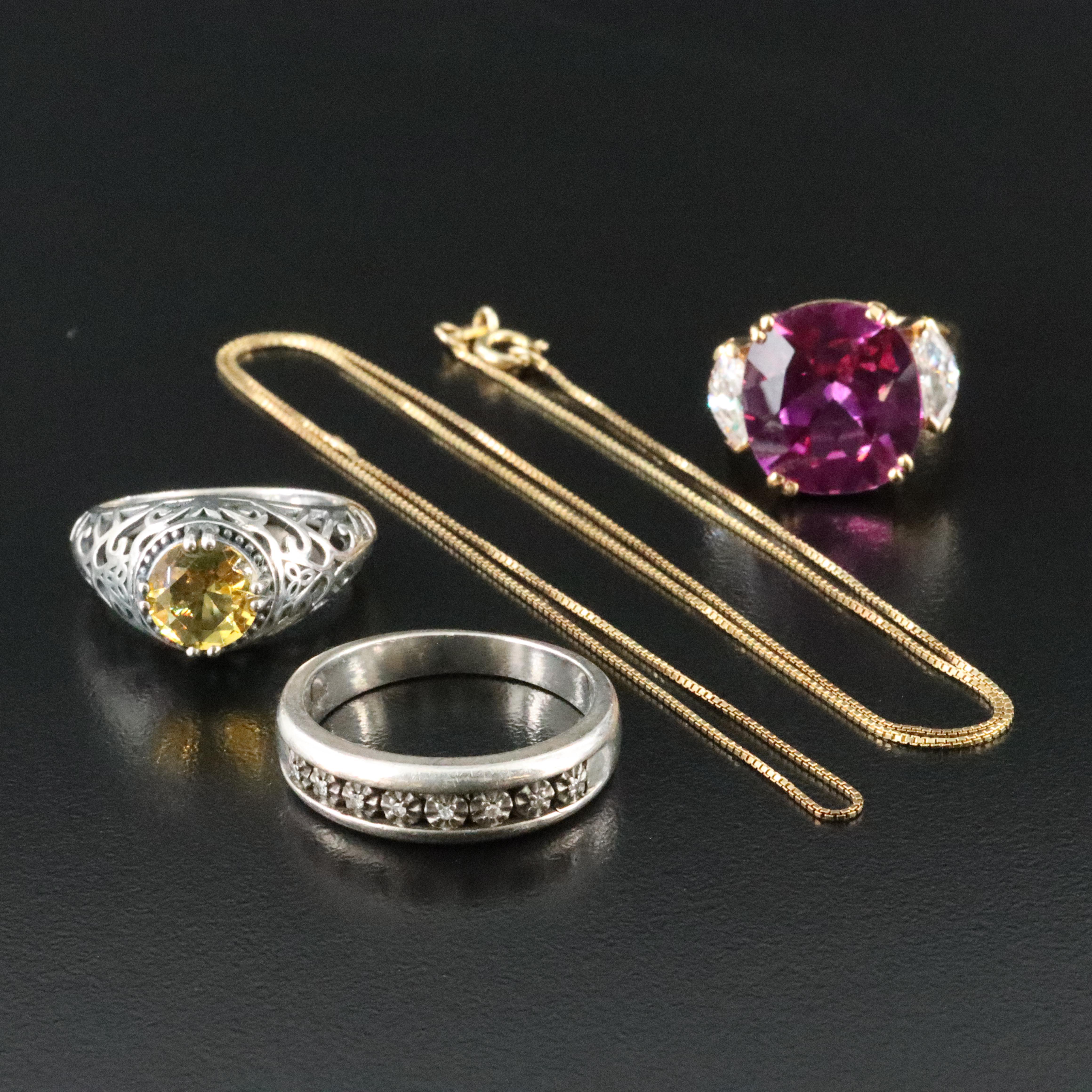 Sterling Rings and Chain Necklace with Pink Sapphire, CZ and Diamond