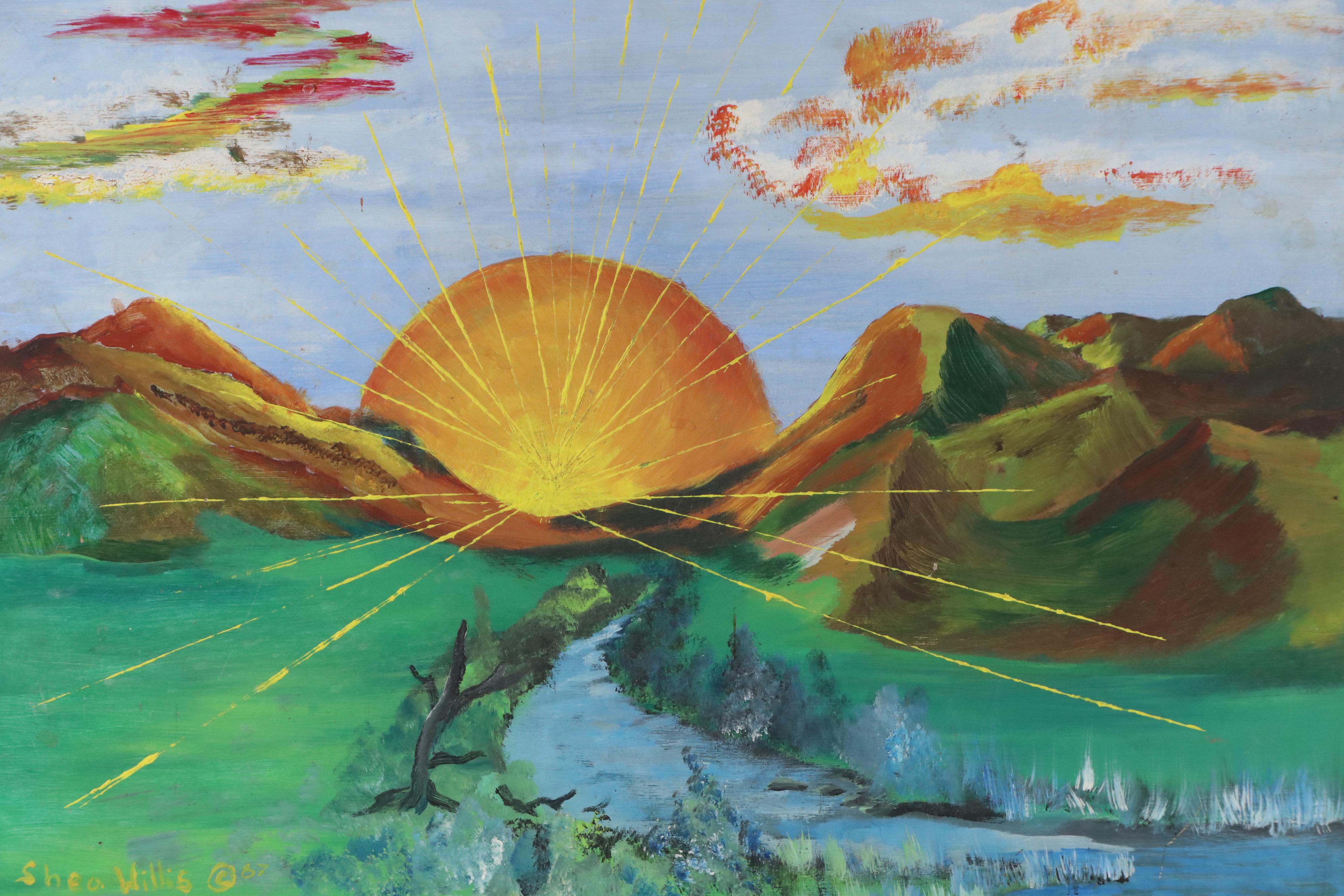 Shea Willis Stylized Mountainous Landscape Acrylic Painting, 1987