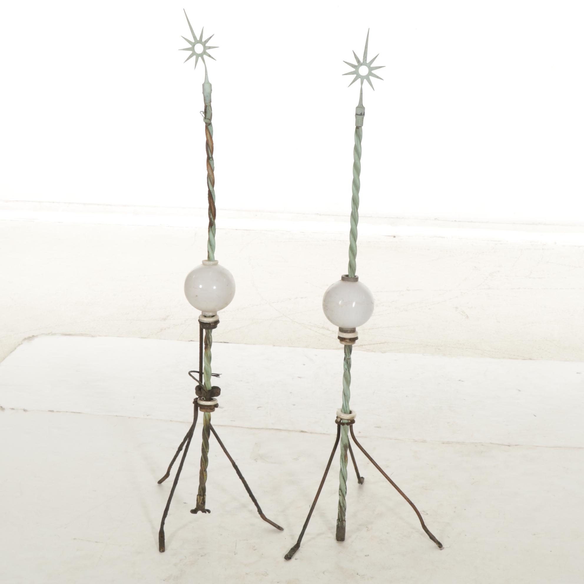 Two Sunburst Top Metal Lightning Rods with Milk Glass Balls and Tripod Stands