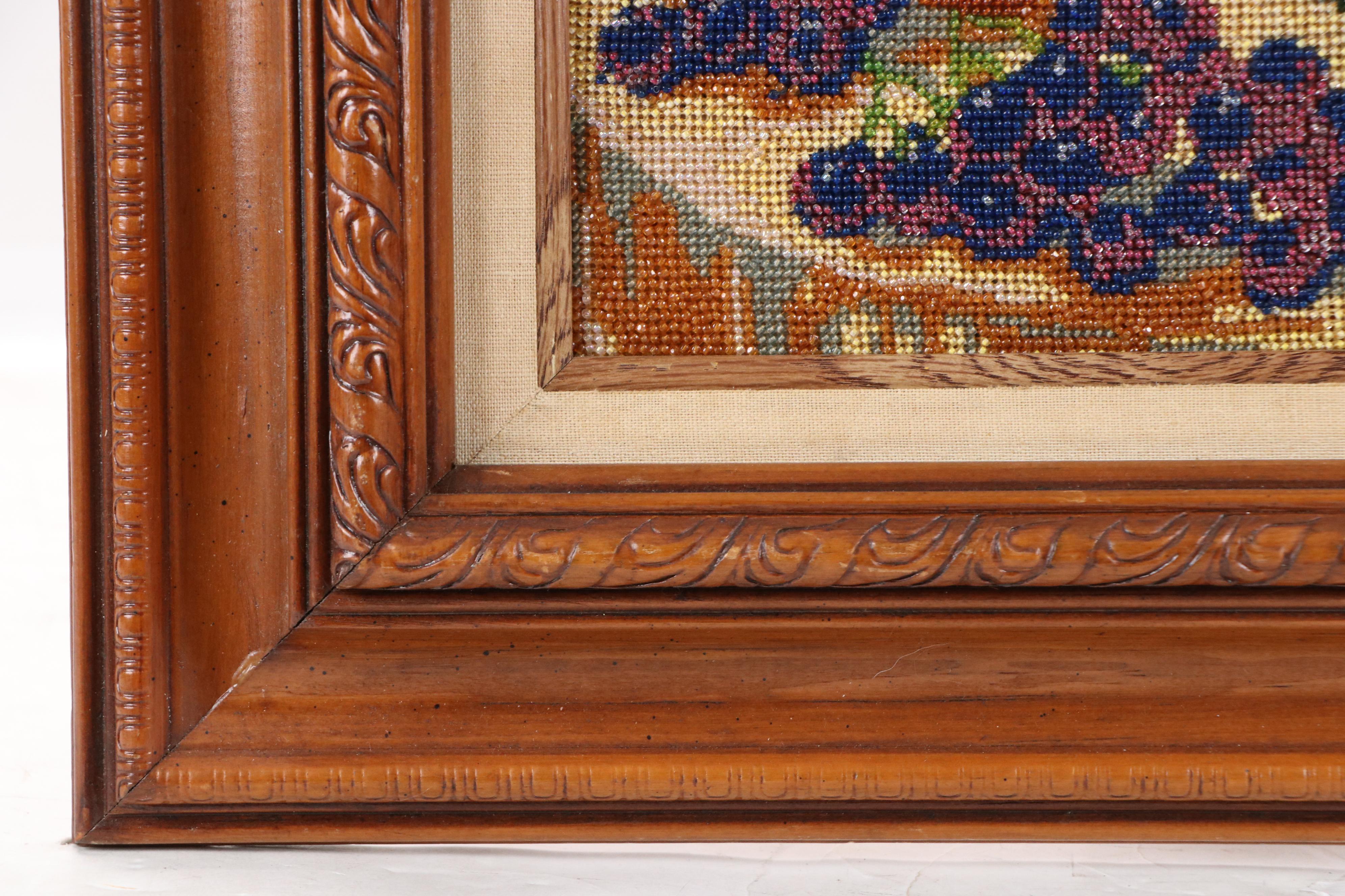 Hand-Embroidered Beadwork Panel Depicting Still Life, Mid-20th Century