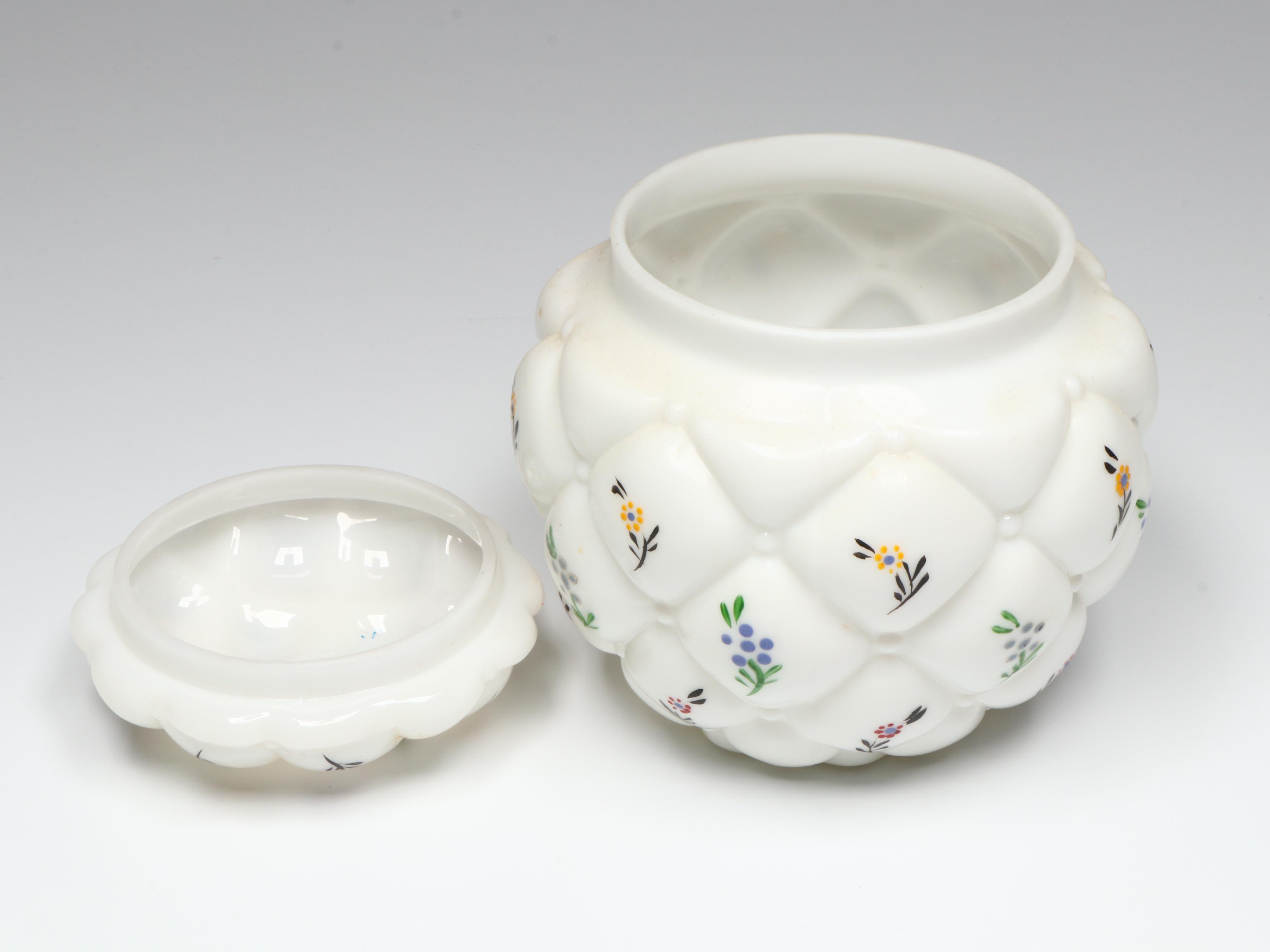 Jefferson and Northwood Opalescent Crimped Glass Bowls with Hand-Painted Jar