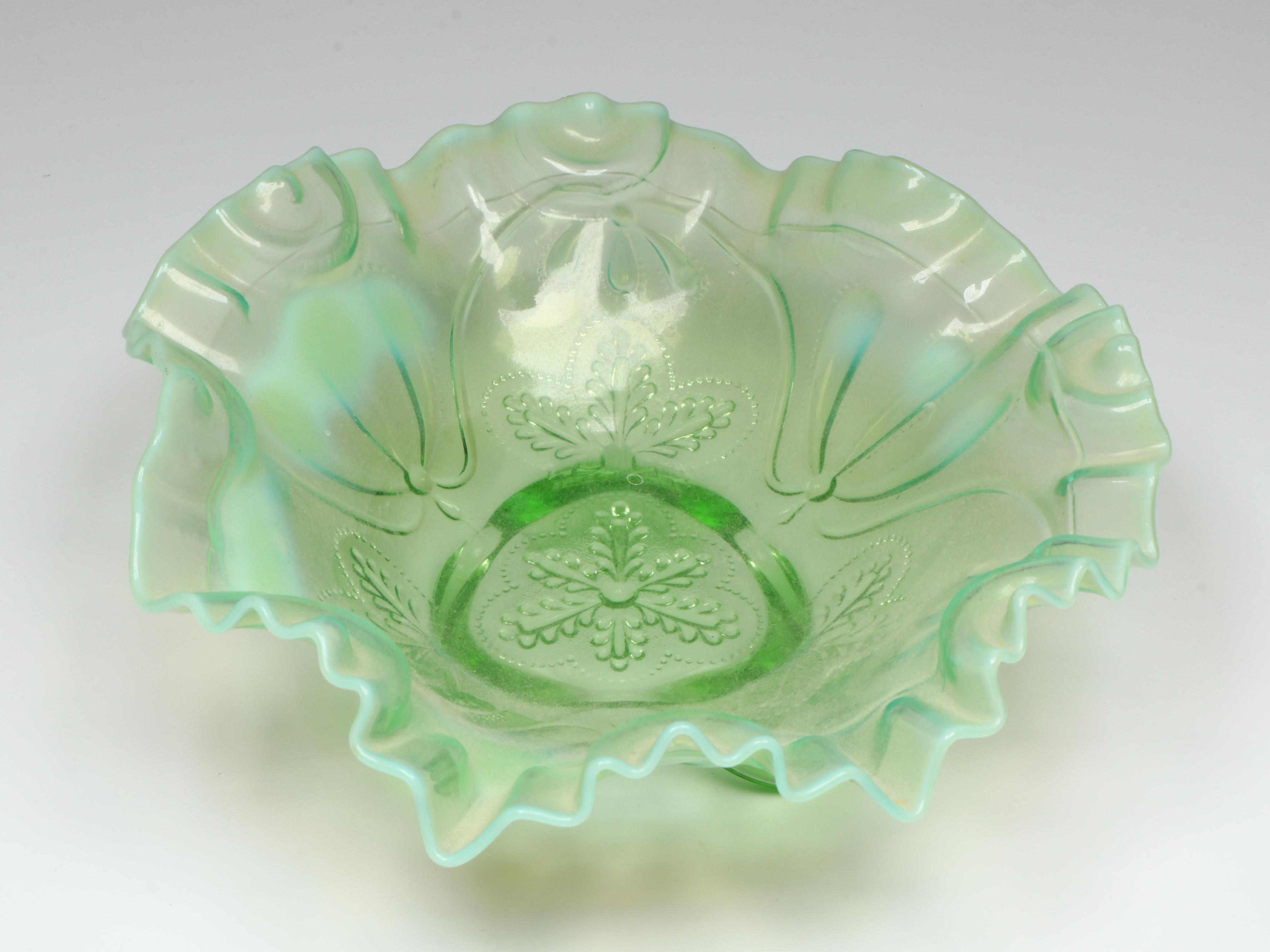 Jefferson and Northwood Opalescent Crimped Glass Bowls with Hand-Painted Jar