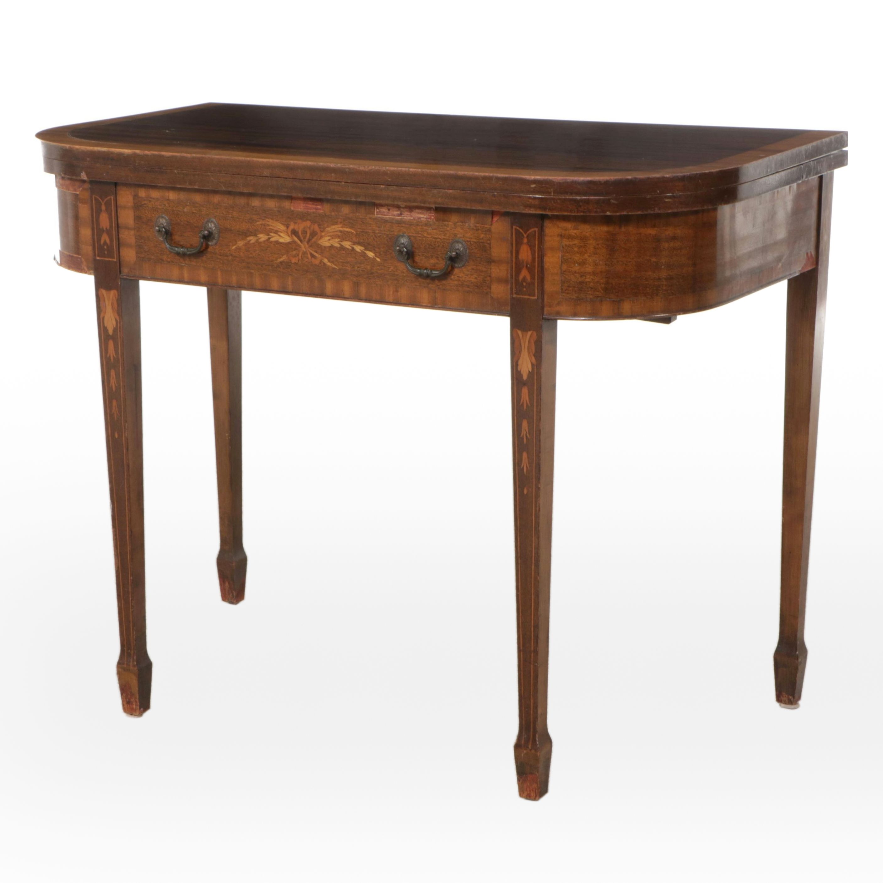 Robert William Hepplewhite Style Marquetry Inlaid Flip-Top Dining Table, 19th C.