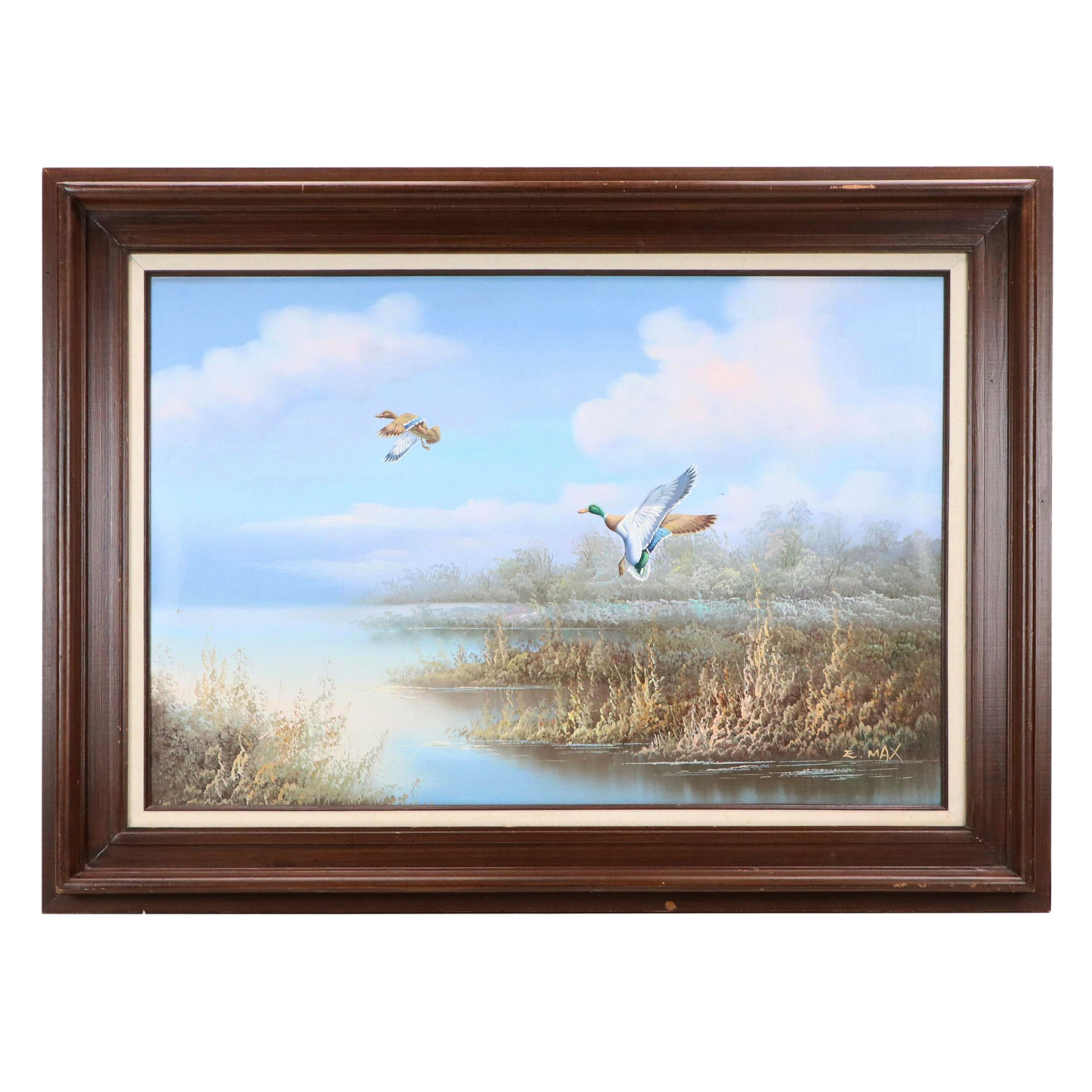 E. Max Oil Painting of Mallards in Pond Landscape, Circa 1980