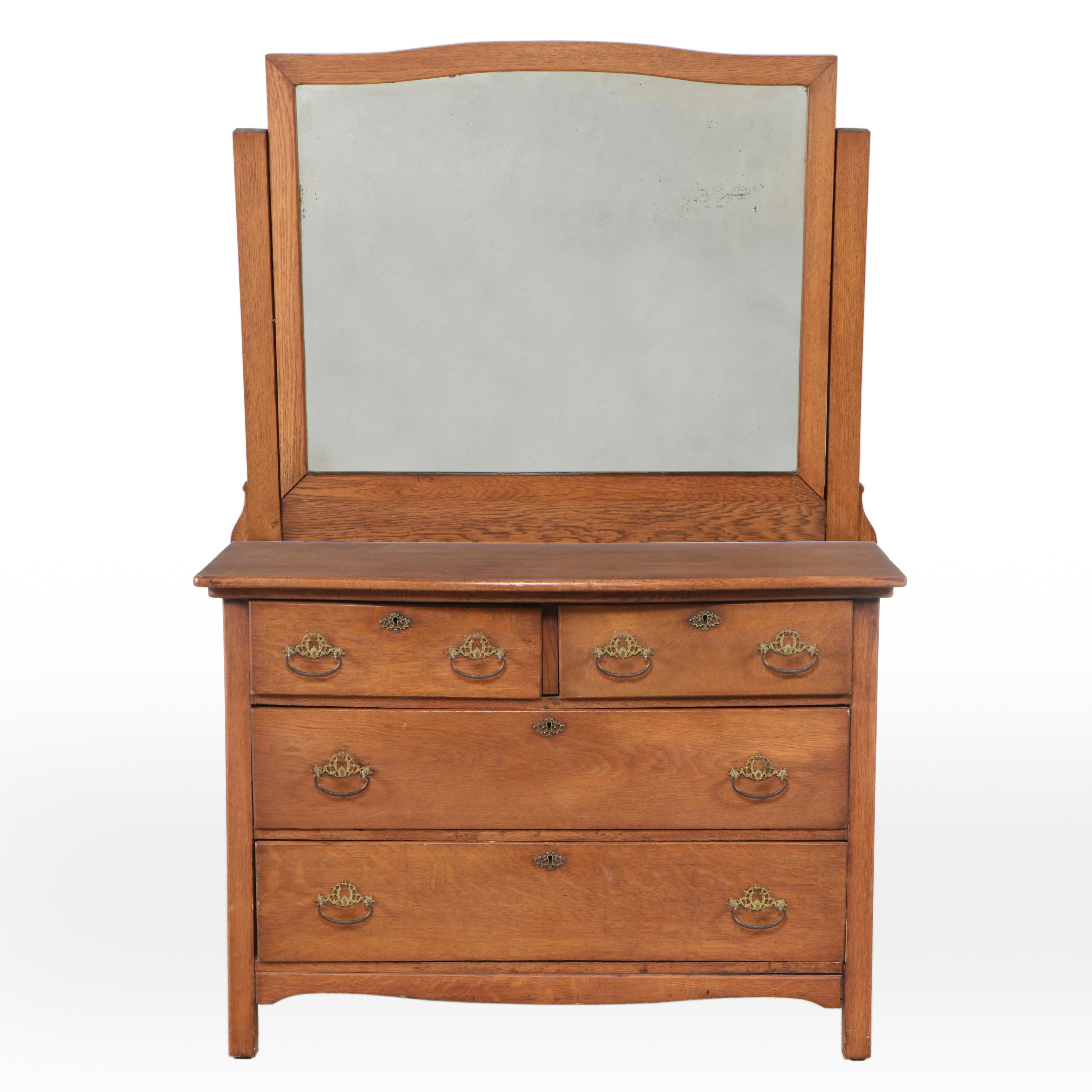 Oak Serpentine-Top Dresser and Mirror, Early 20th Century