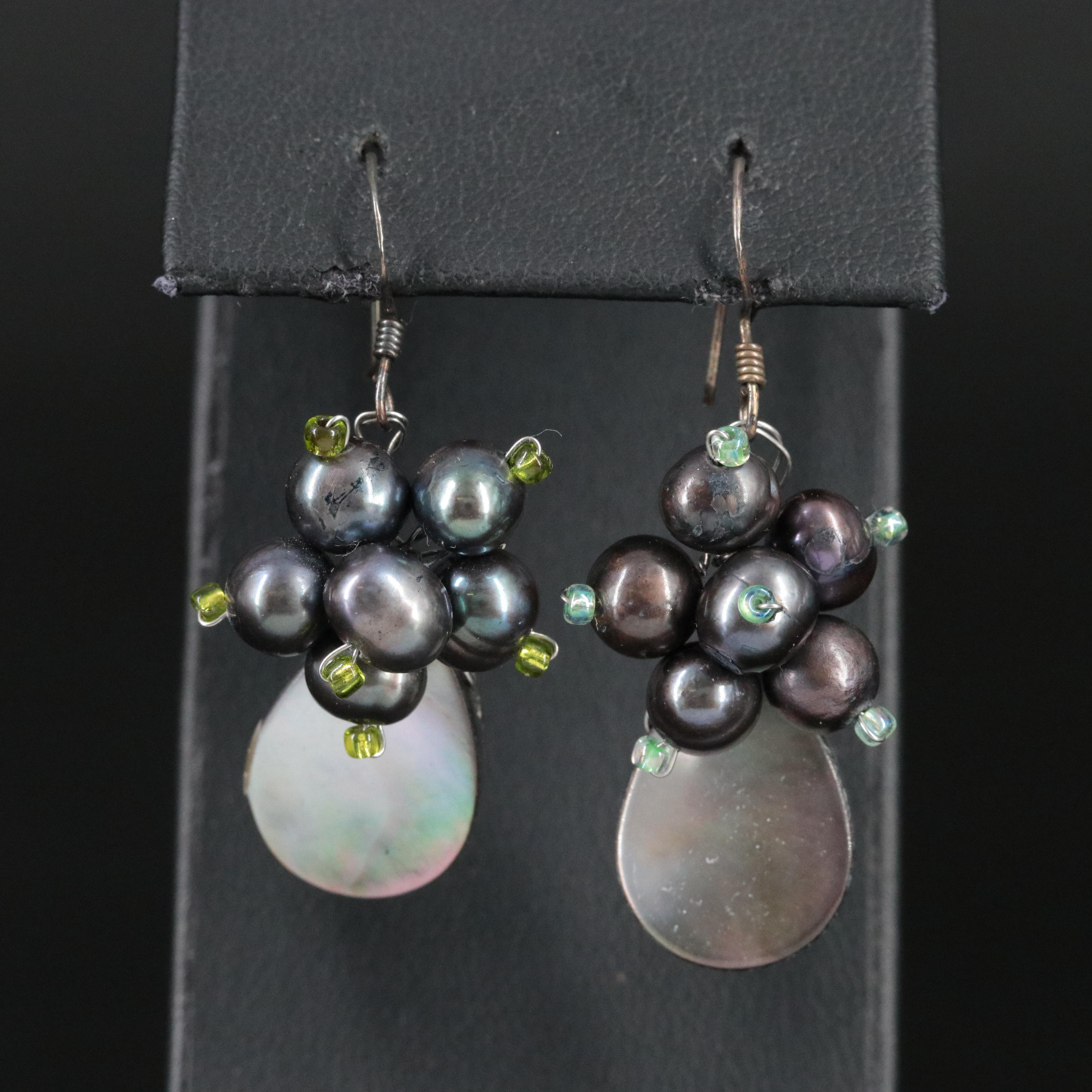 Sterling Pearl , Mother-of-Pearl and Glass Cluster Drop Earrings