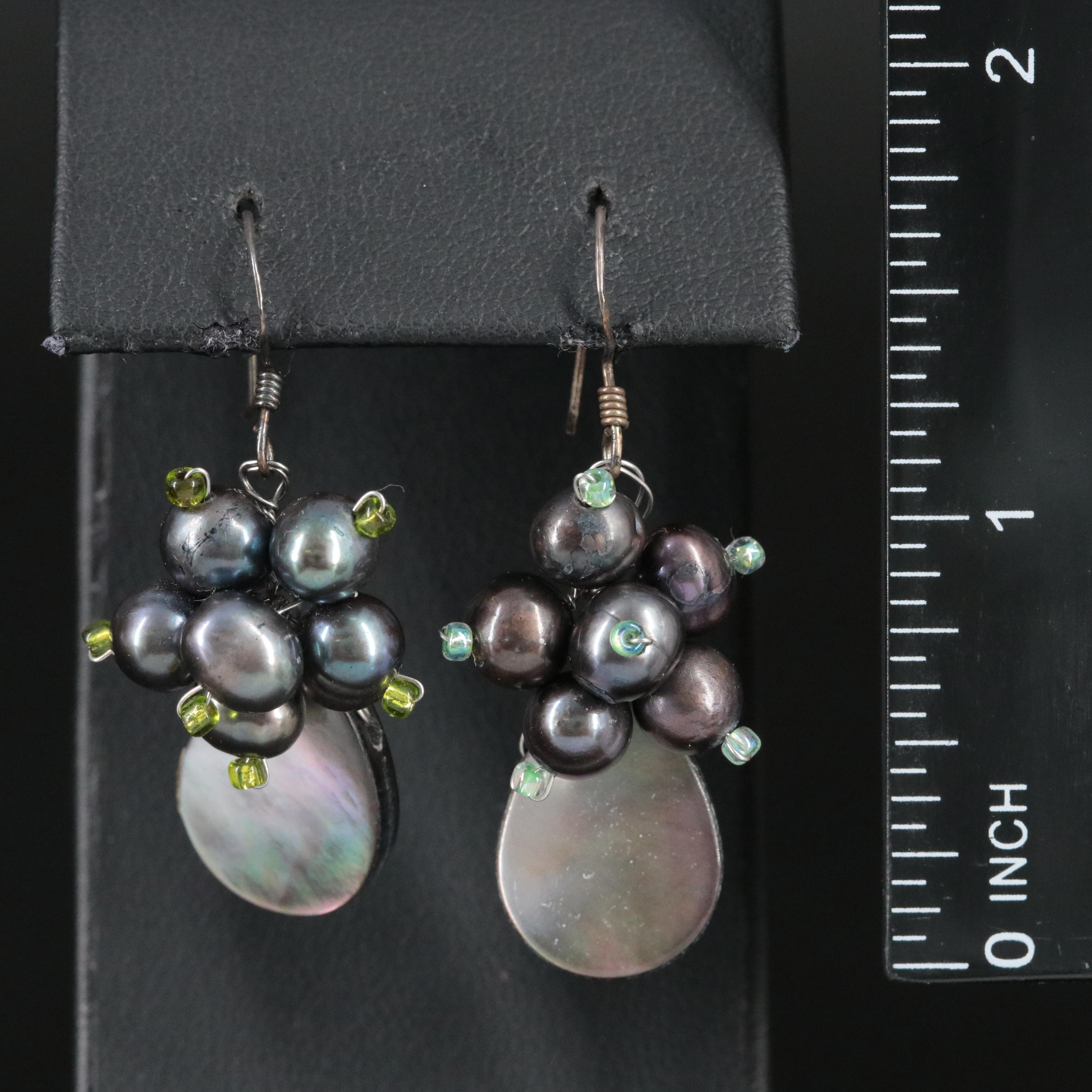 Sterling Pearl , Mother-of-Pearl and Glass Cluster Drop Earrings