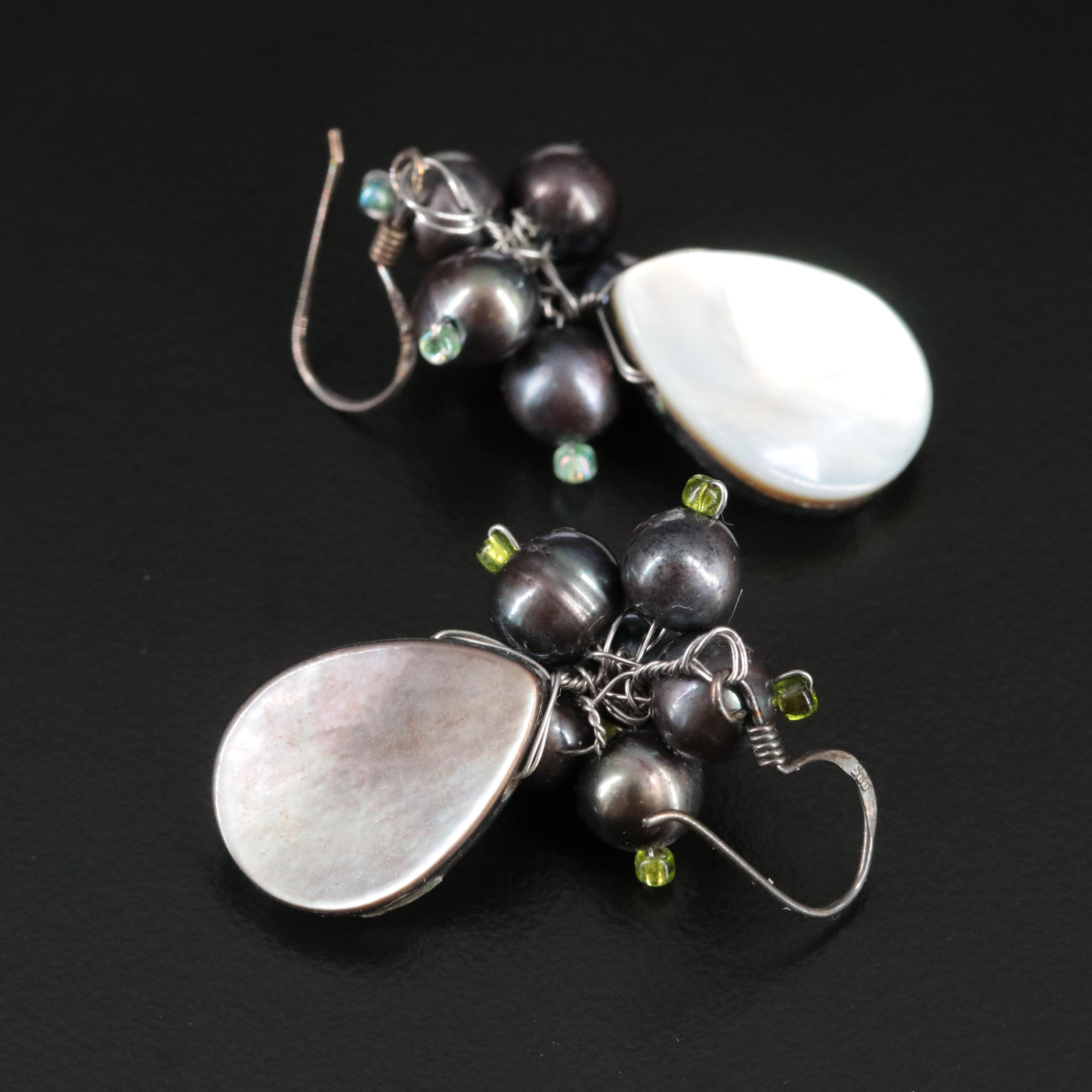 Sterling Pearl , Mother-of-Pearl and Glass Cluster Drop Earrings