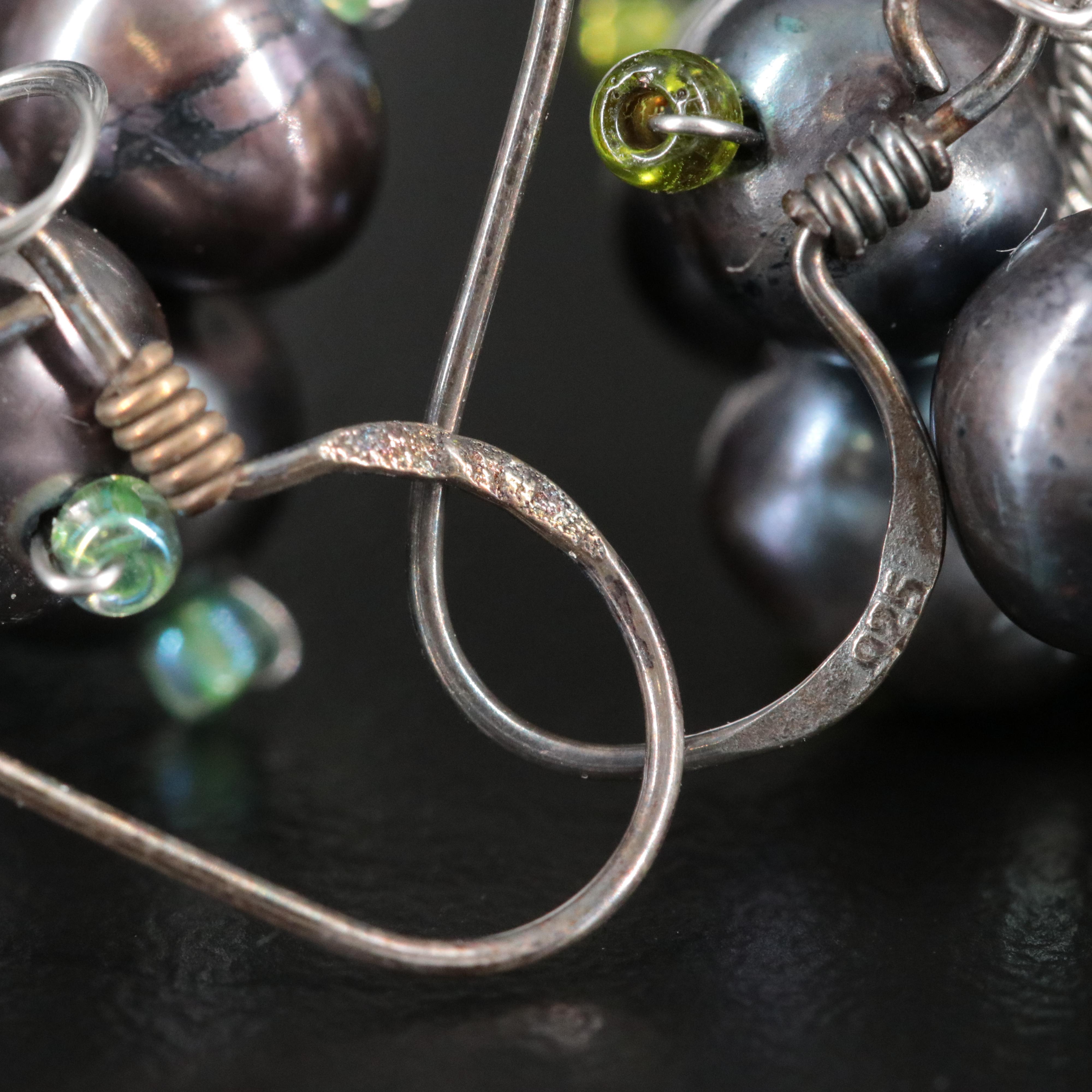 Sterling Pearl , Mother-of-Pearl and Glass Cluster Drop Earrings