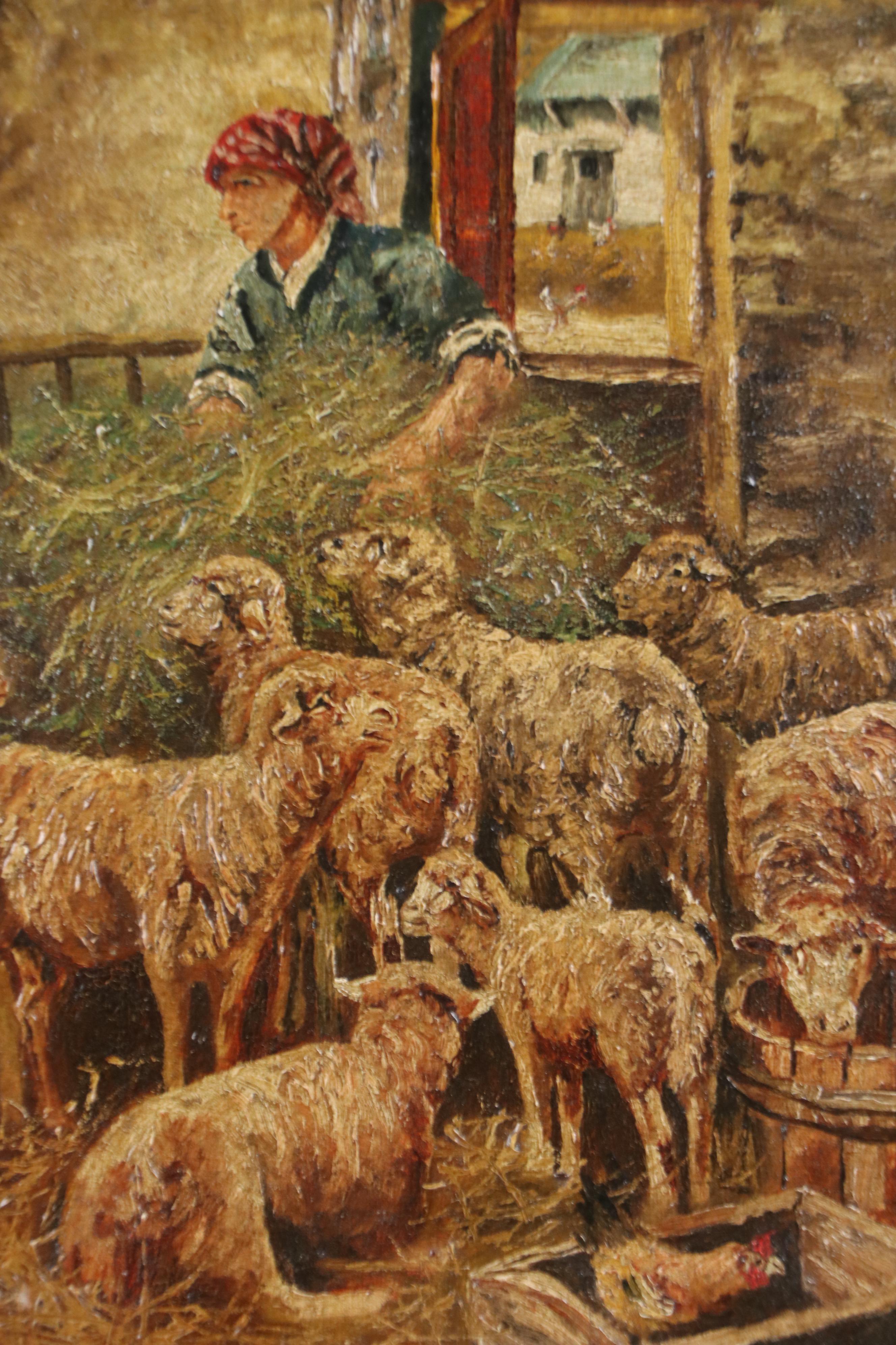 Farmyard Genre Oil Painting of Sheepfold Scene, Late 19th or Early 20th Century