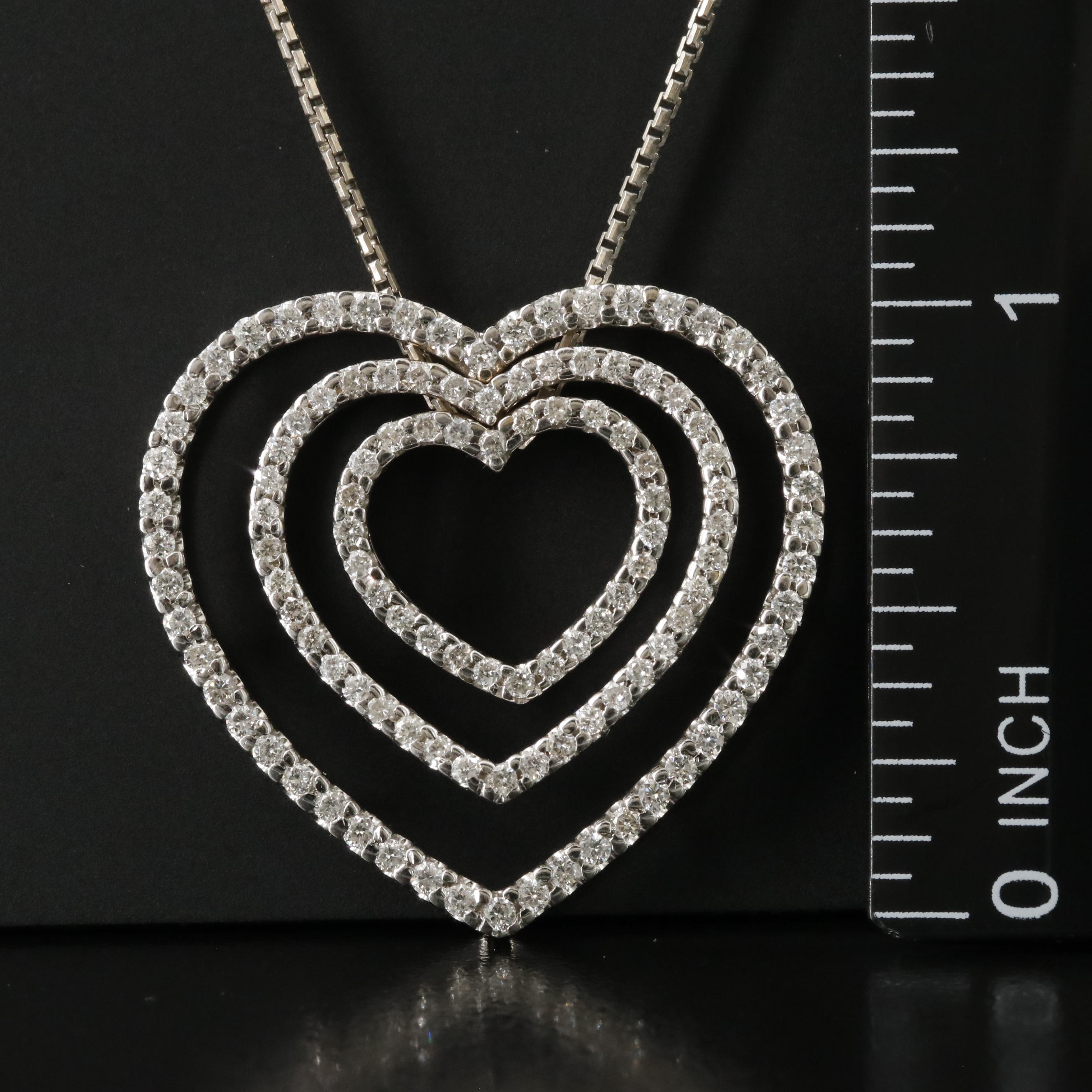 18K 1.04 CTW Diamond Concentric Heart Pendants on 14K Box Chain Necklace
