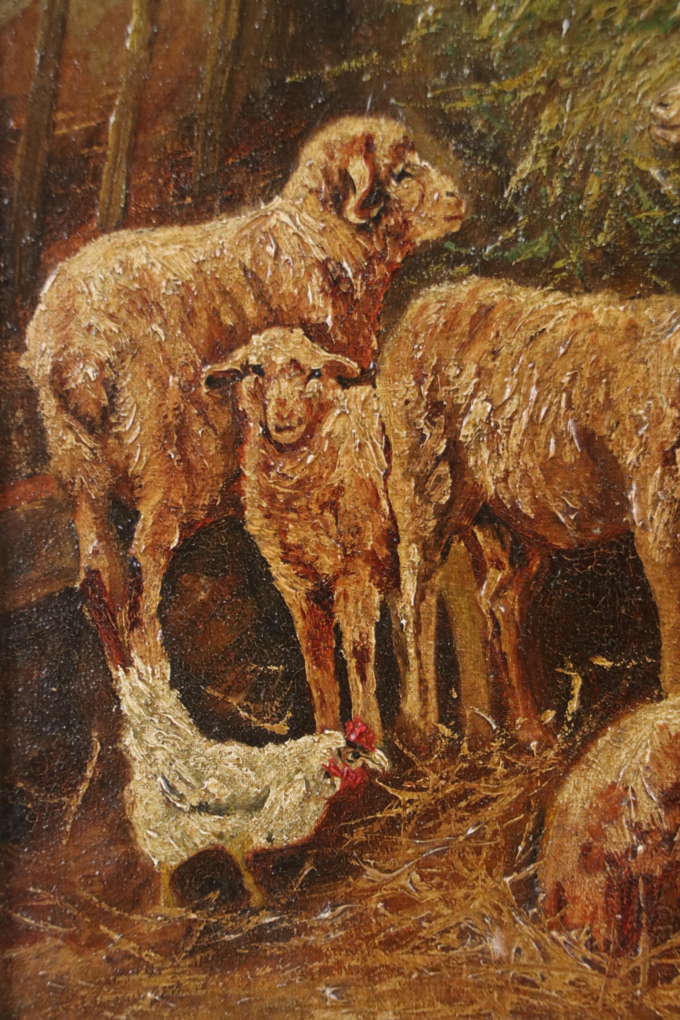 Farmyard Genre Oil Painting of Sheepfold Scene, Late 19th or Early 20th Century