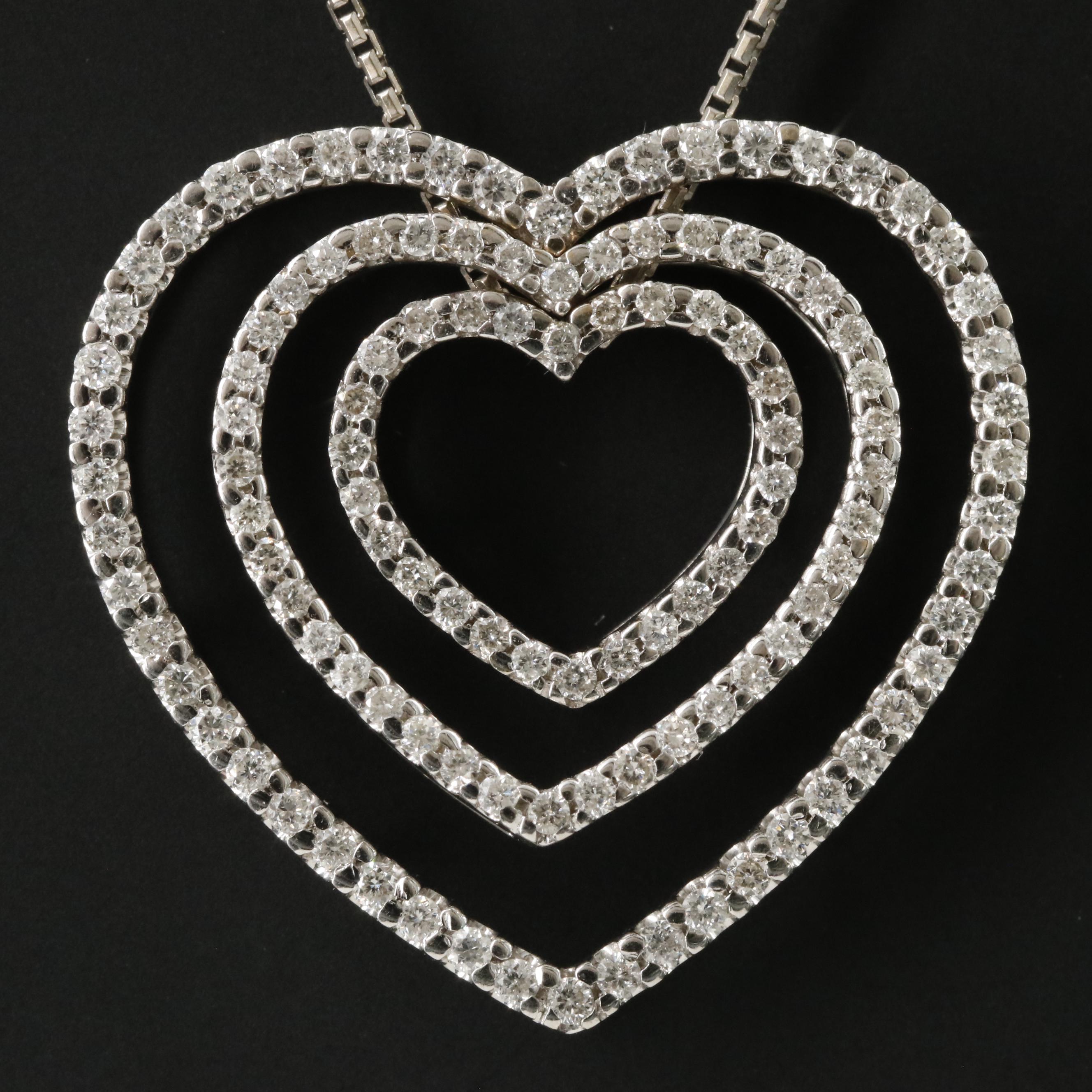 18K 1.04 CTW Diamond Concentric Heart Pendants on 14K Box Chain Necklace