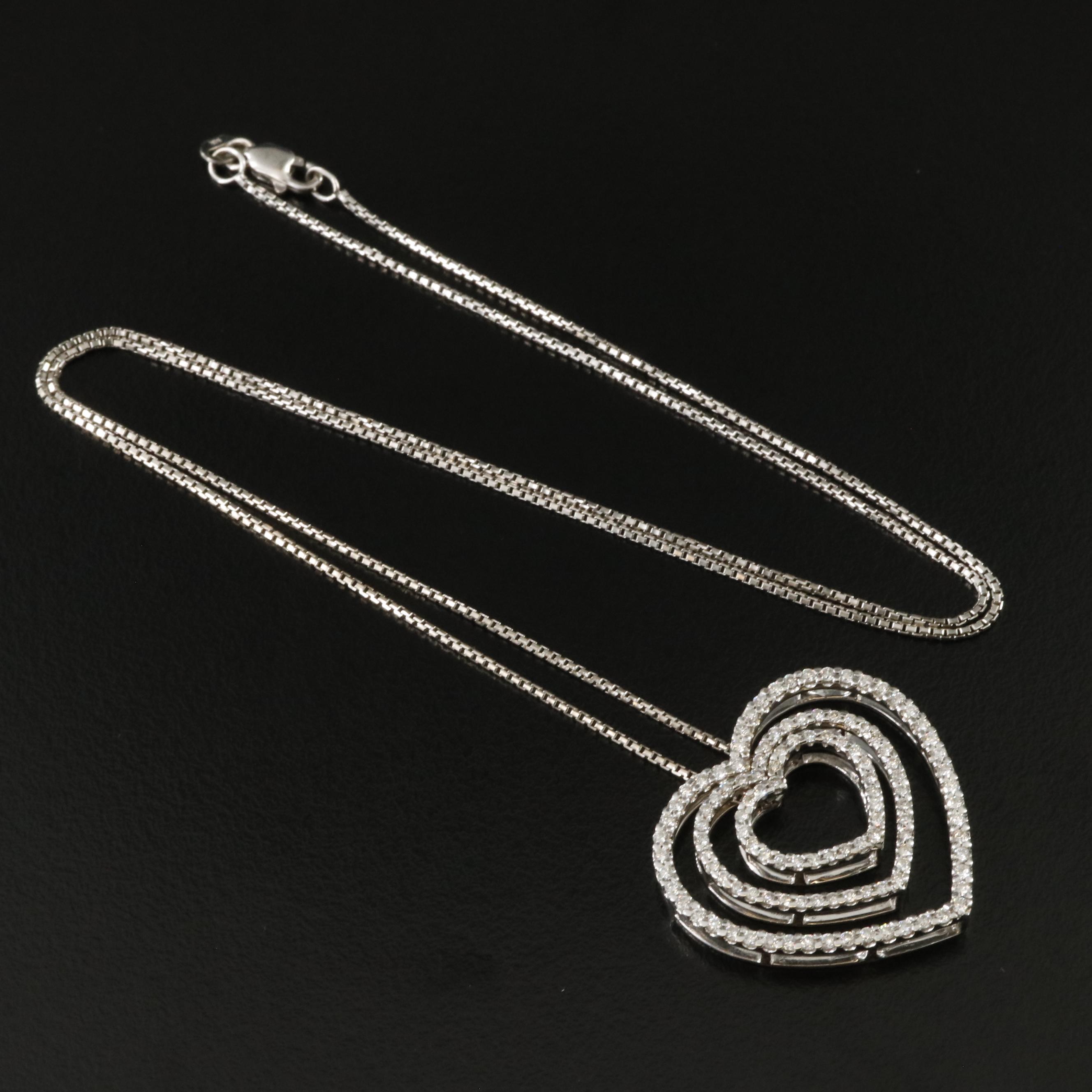 18K 1.04 CTW Diamond Concentric Heart Pendants on 14K Box Chain Necklace
