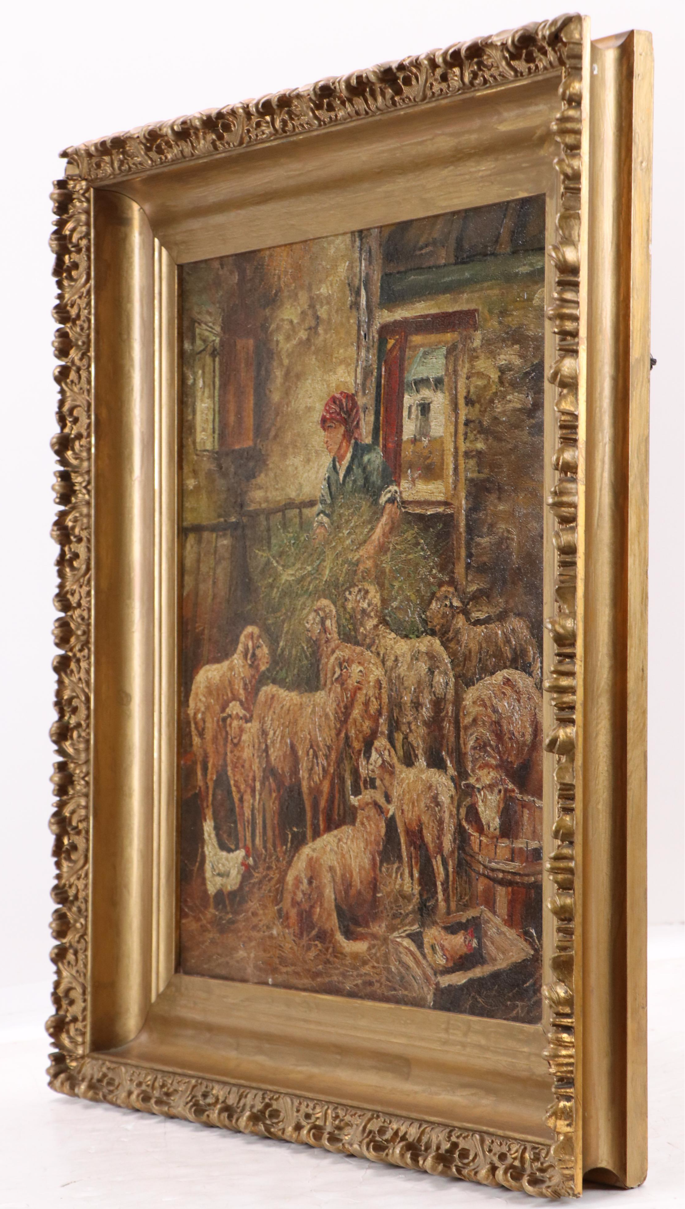 Farmyard Genre Oil Painting of Sheepfold Scene, Late 19th or Early 20th Century