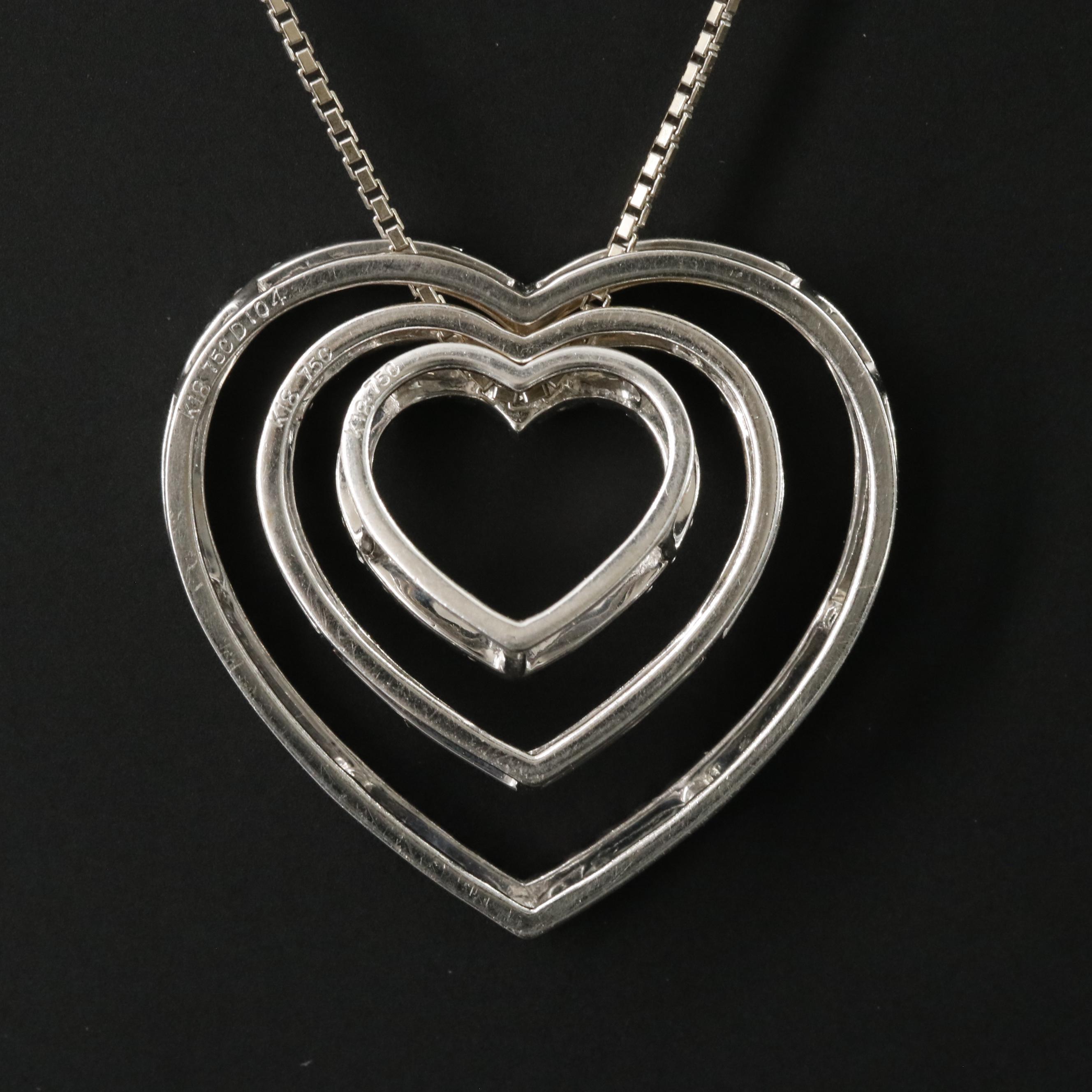 18K 1.04 CTW Diamond Concentric Heart Pendants on 14K Box Chain Necklace