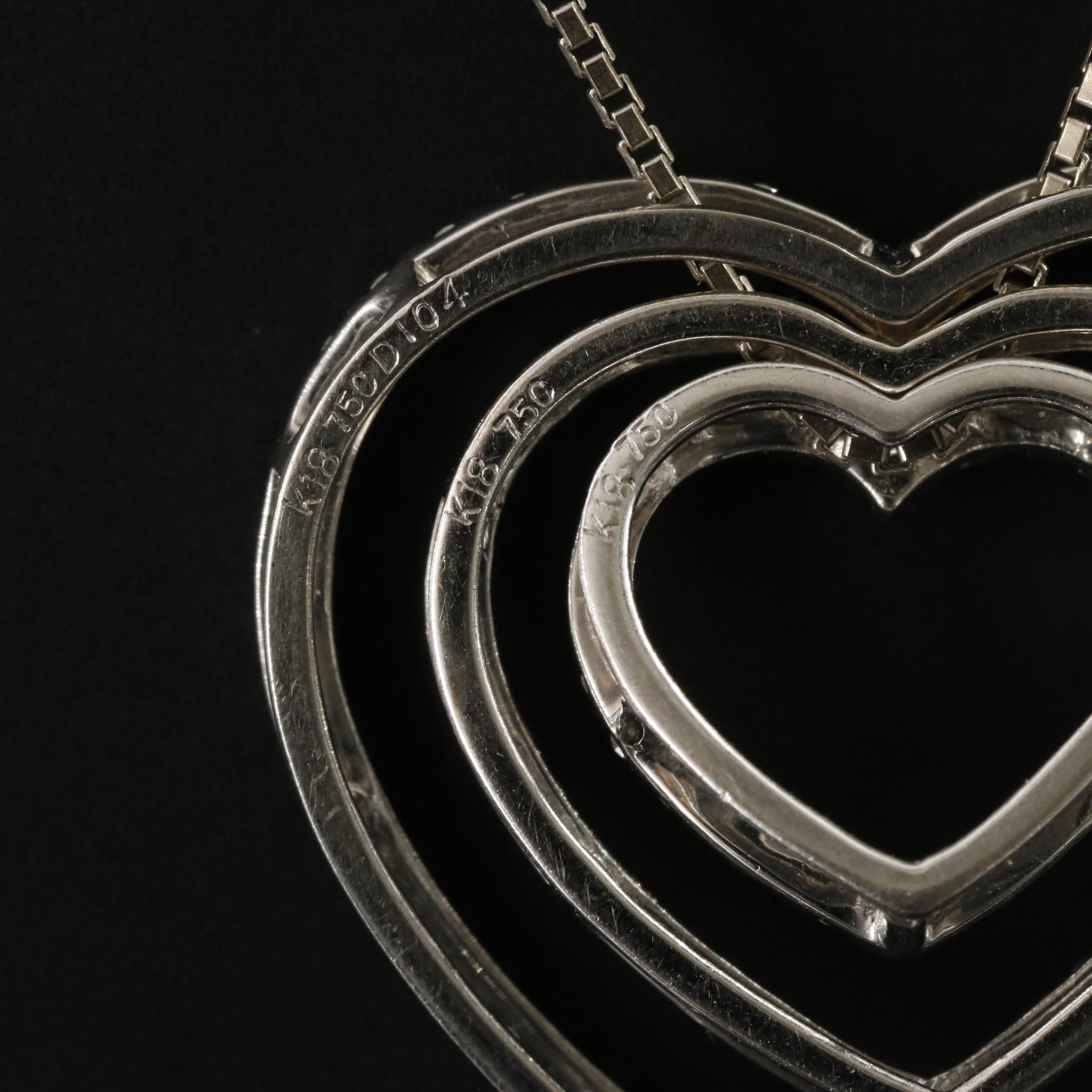 18K 1.04 CTW Diamond Concentric Heart Pendants on 14K Box Chain Necklace