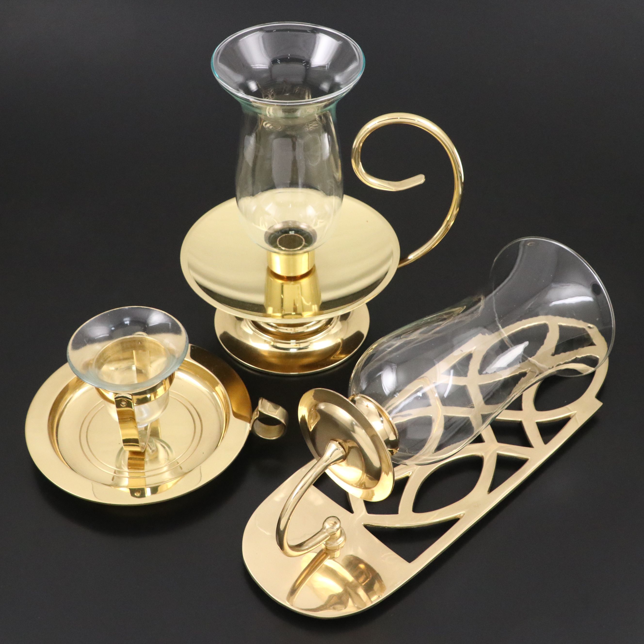 Lacquered Brass Trellis Hurricane Sconce, Votive Holder and Baldwin Chamberstick