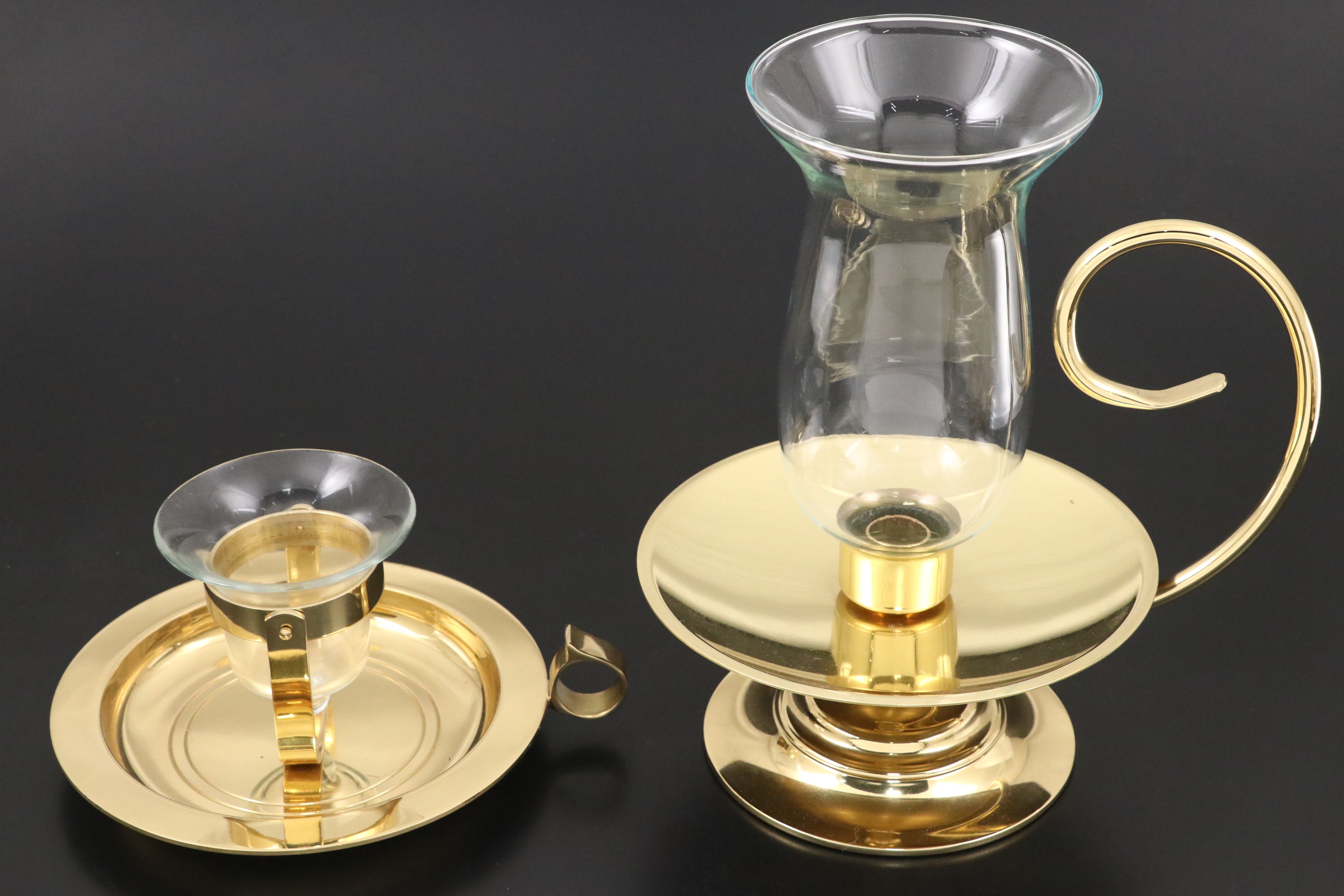 Lacquered Brass Trellis Hurricane Sconce, Votive Holder and Baldwin Chamberstick