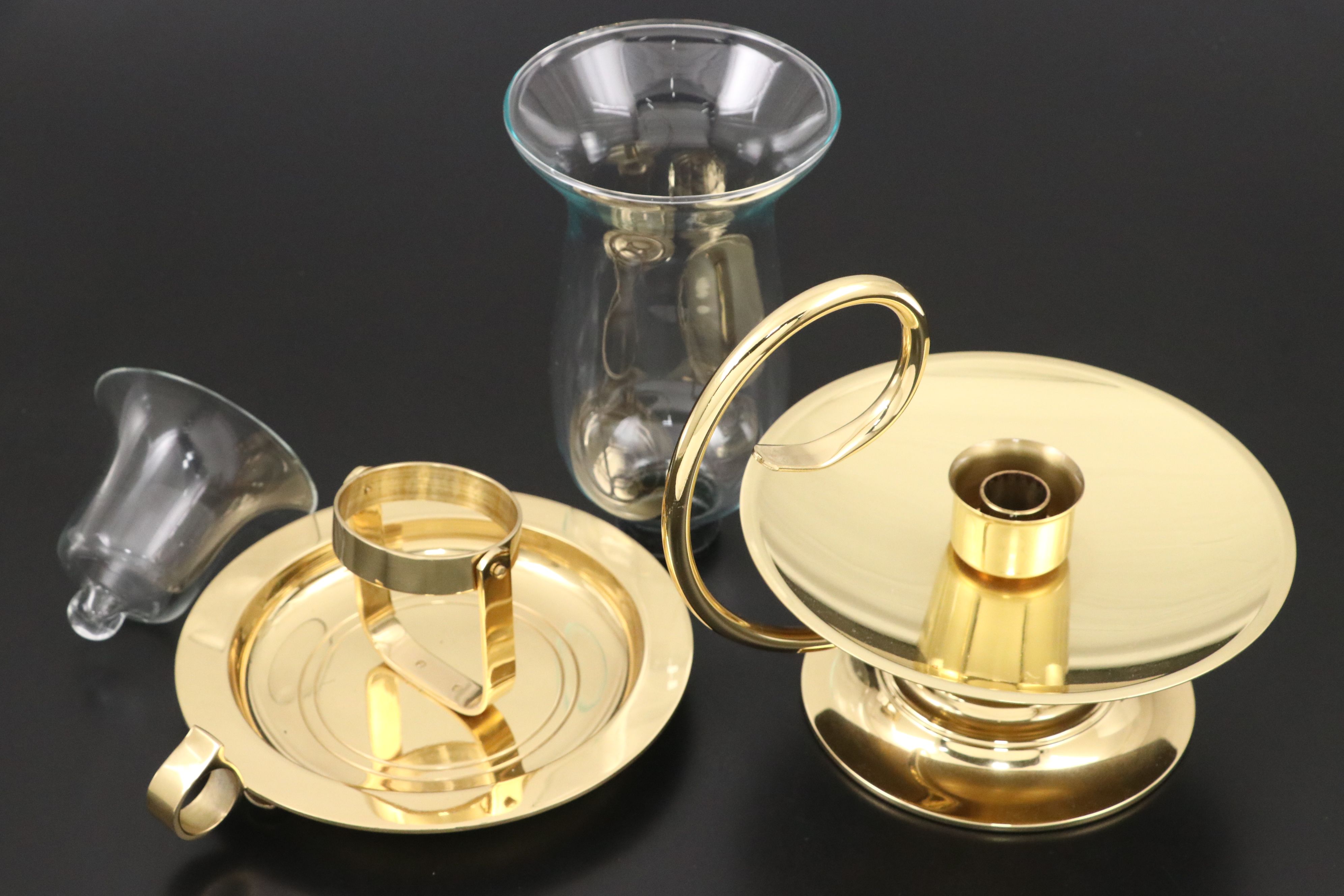 Lacquered Brass Trellis Hurricane Sconce, Votive Holder and Baldwin Chamberstick