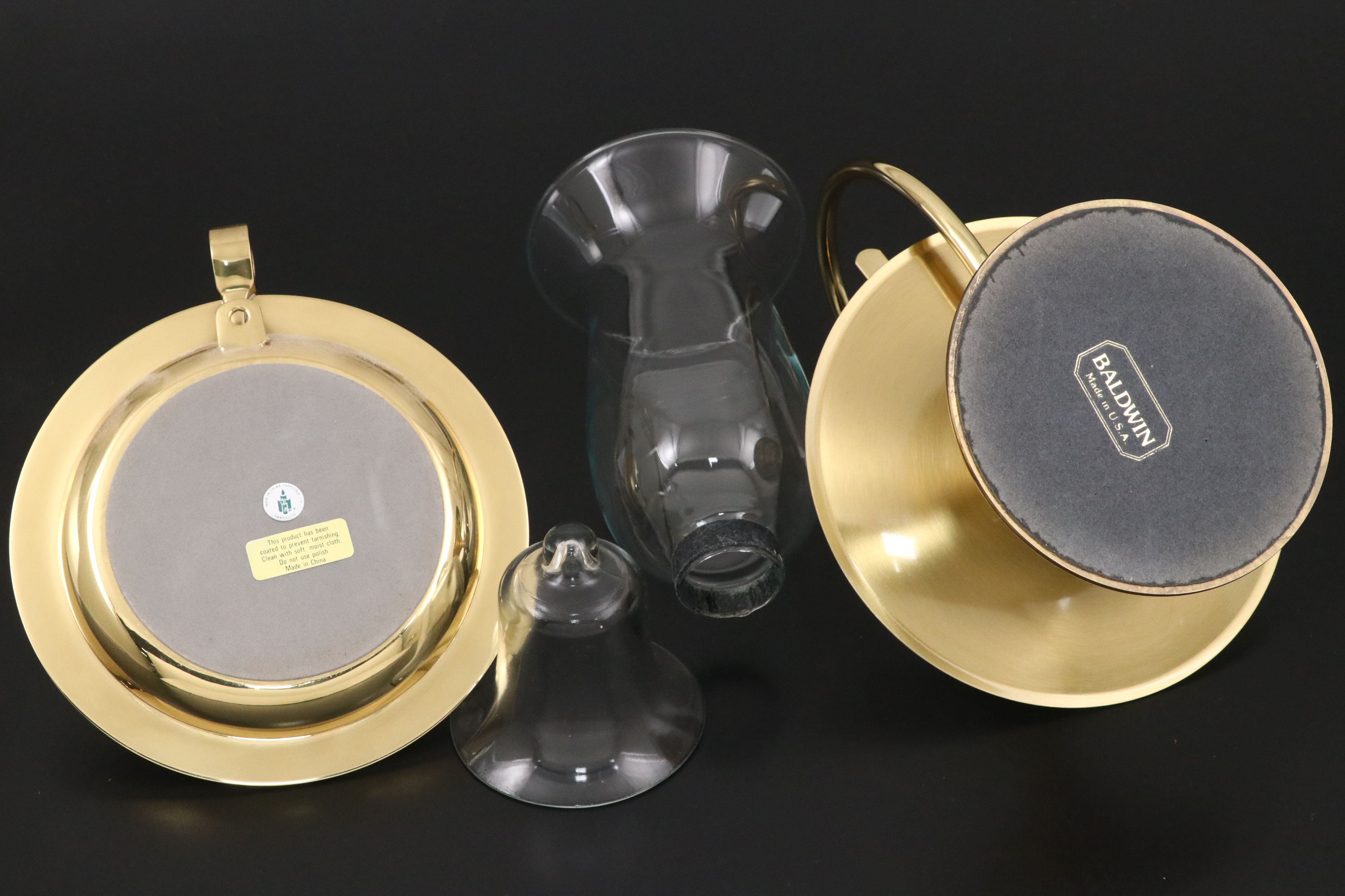 Lacquered Brass Trellis Hurricane Sconce, Votive Holder and Baldwin Chamberstick