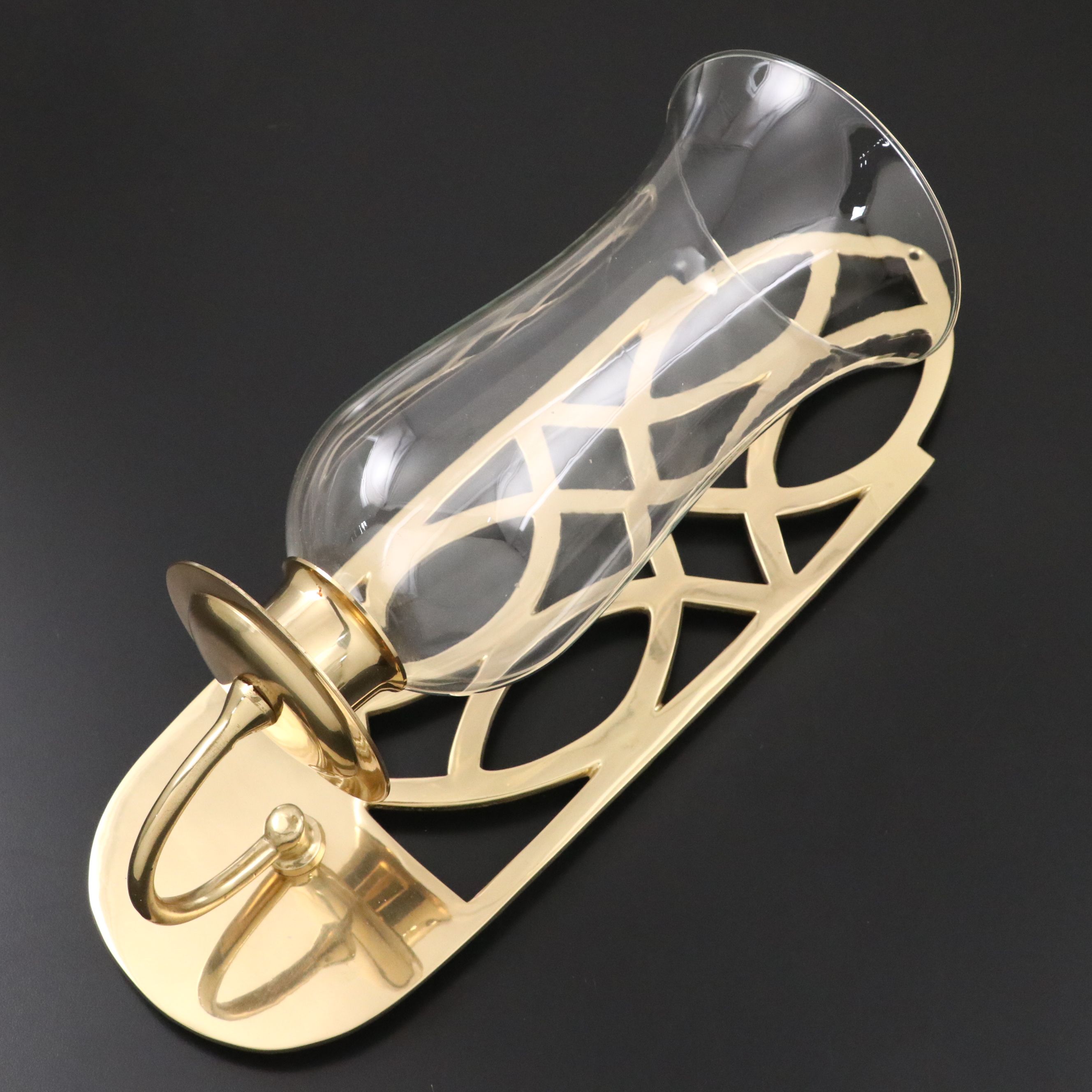 Lacquered Brass Trellis Hurricane Sconce, Votive Holder and Baldwin Chamberstick