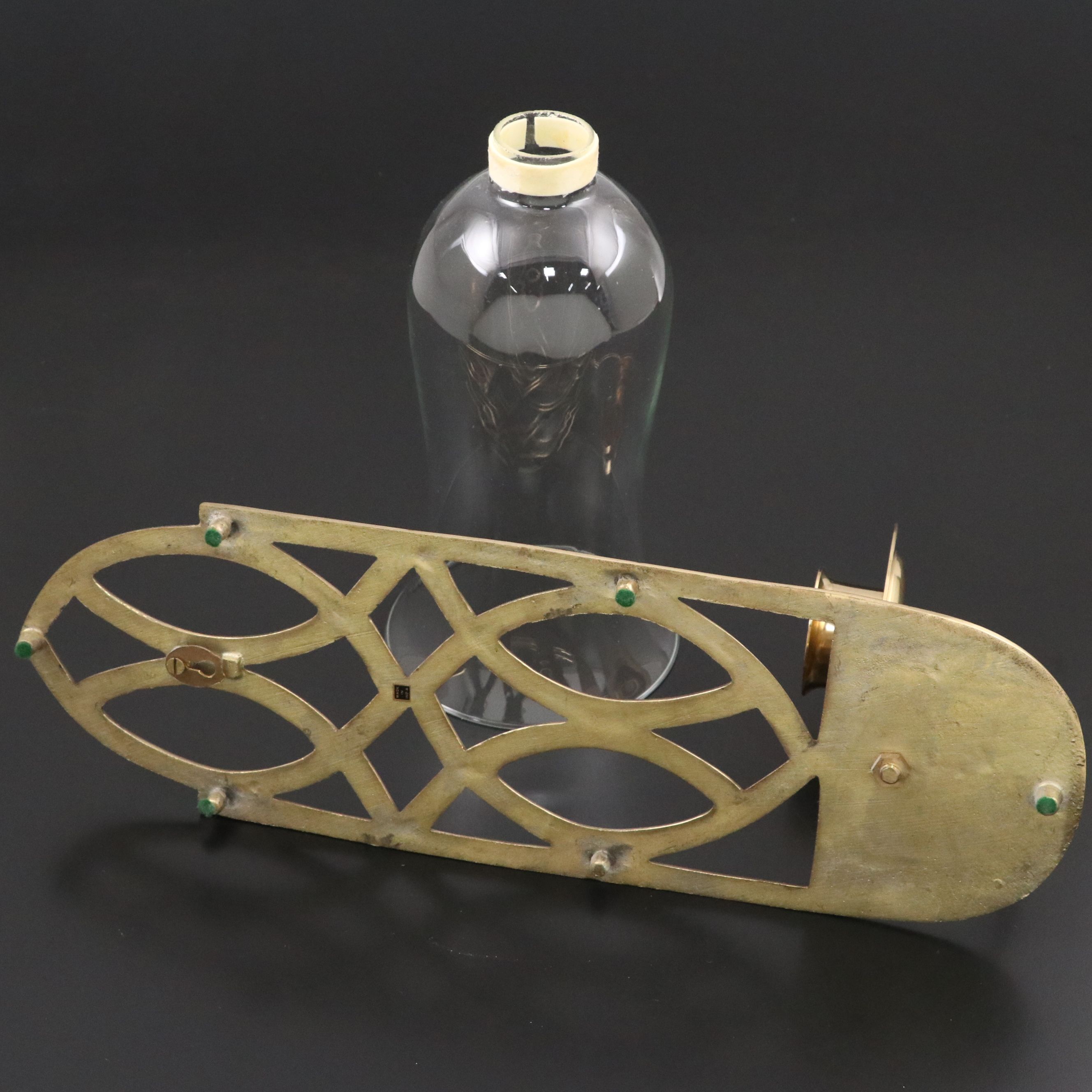Lacquered Brass Trellis Hurricane Sconce, Votive Holder and Baldwin Chamberstick