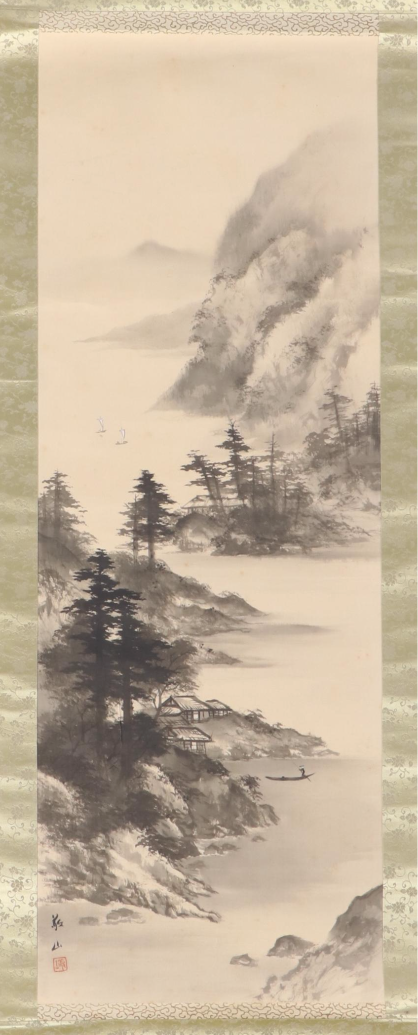 Chinese Hanging Scroll Ink Landscape Painting of Mountains and Fishing Boat