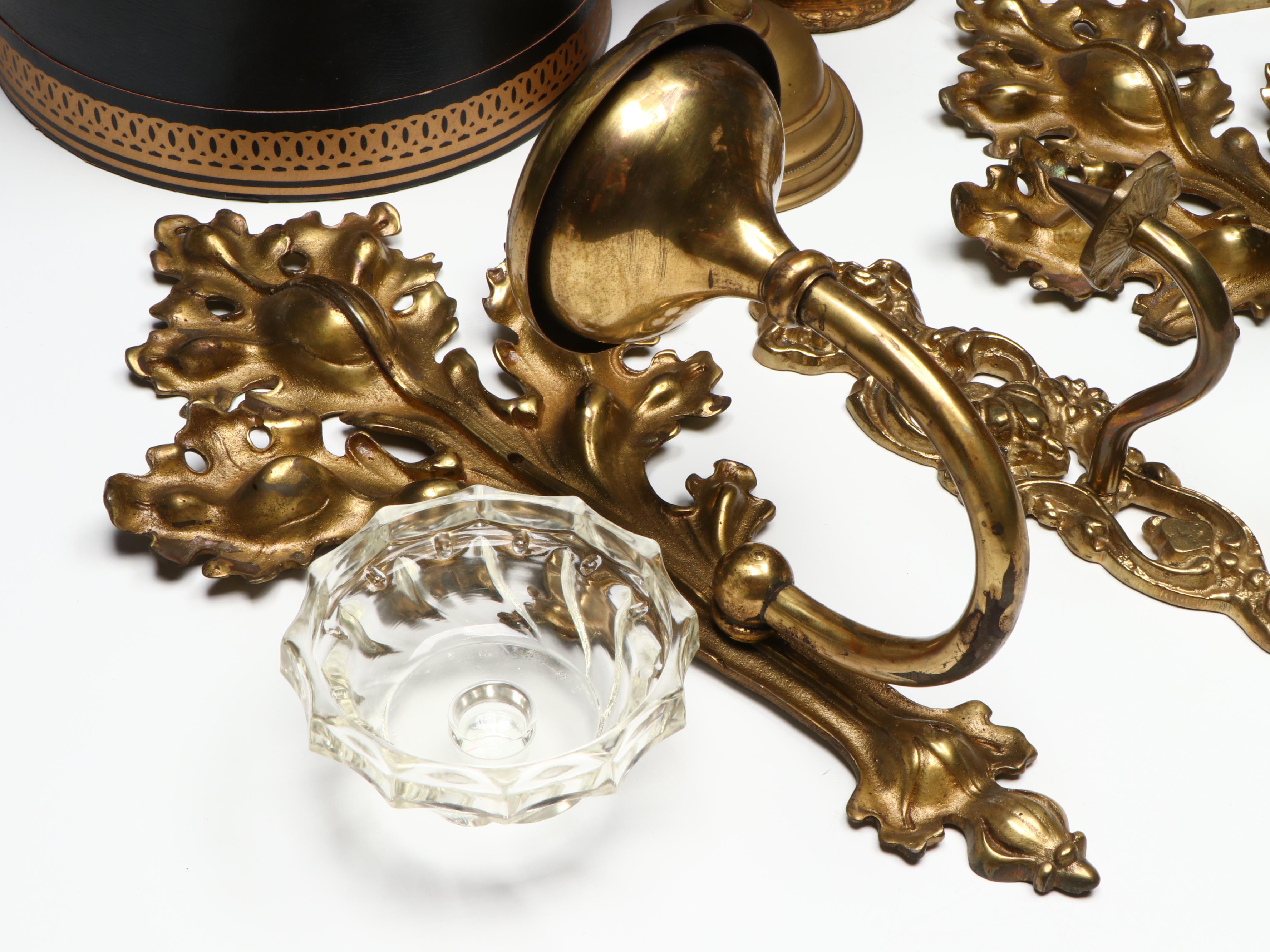 Empire Style Brass Footed Bowl with Metal Wall Sconces and Other Décor