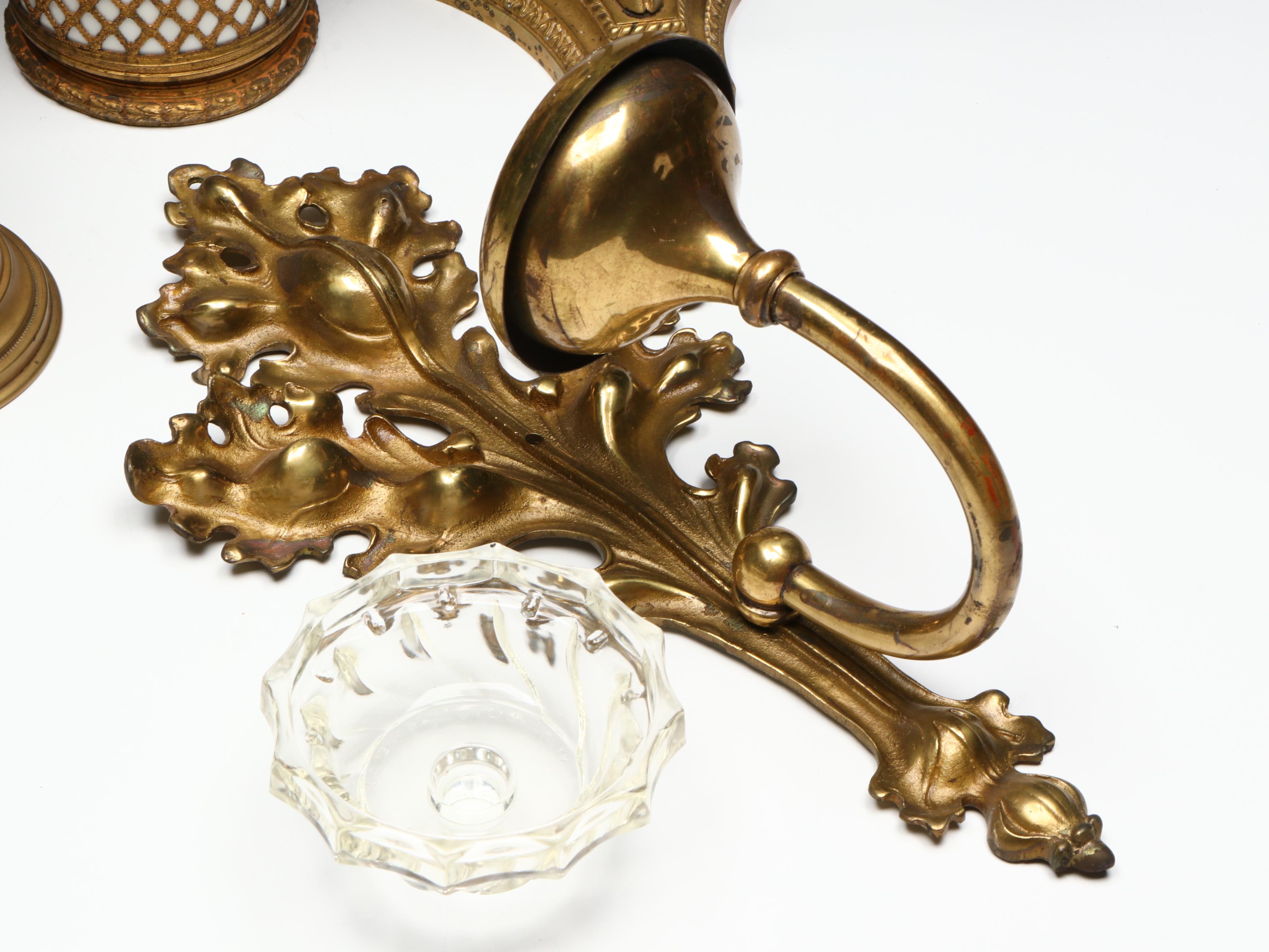 Empire Style Brass Footed Bowl with Metal Wall Sconces and Other Décor