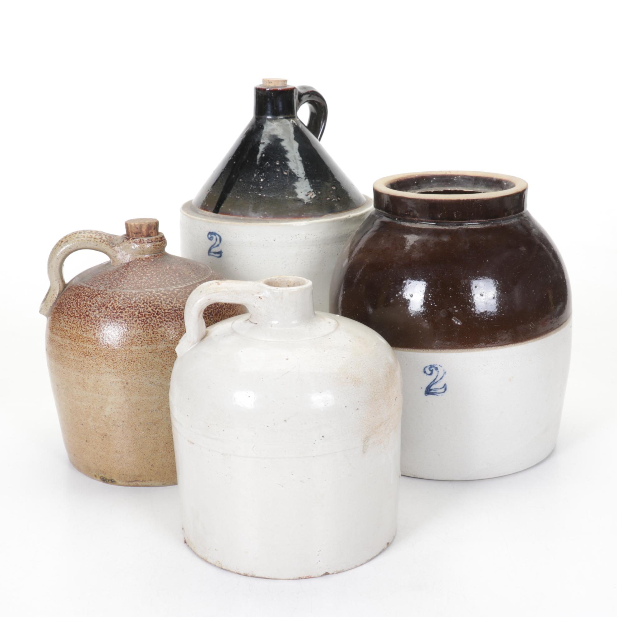 Salt Glazed Stoneware One & Two Gallon Crocks & Jugs