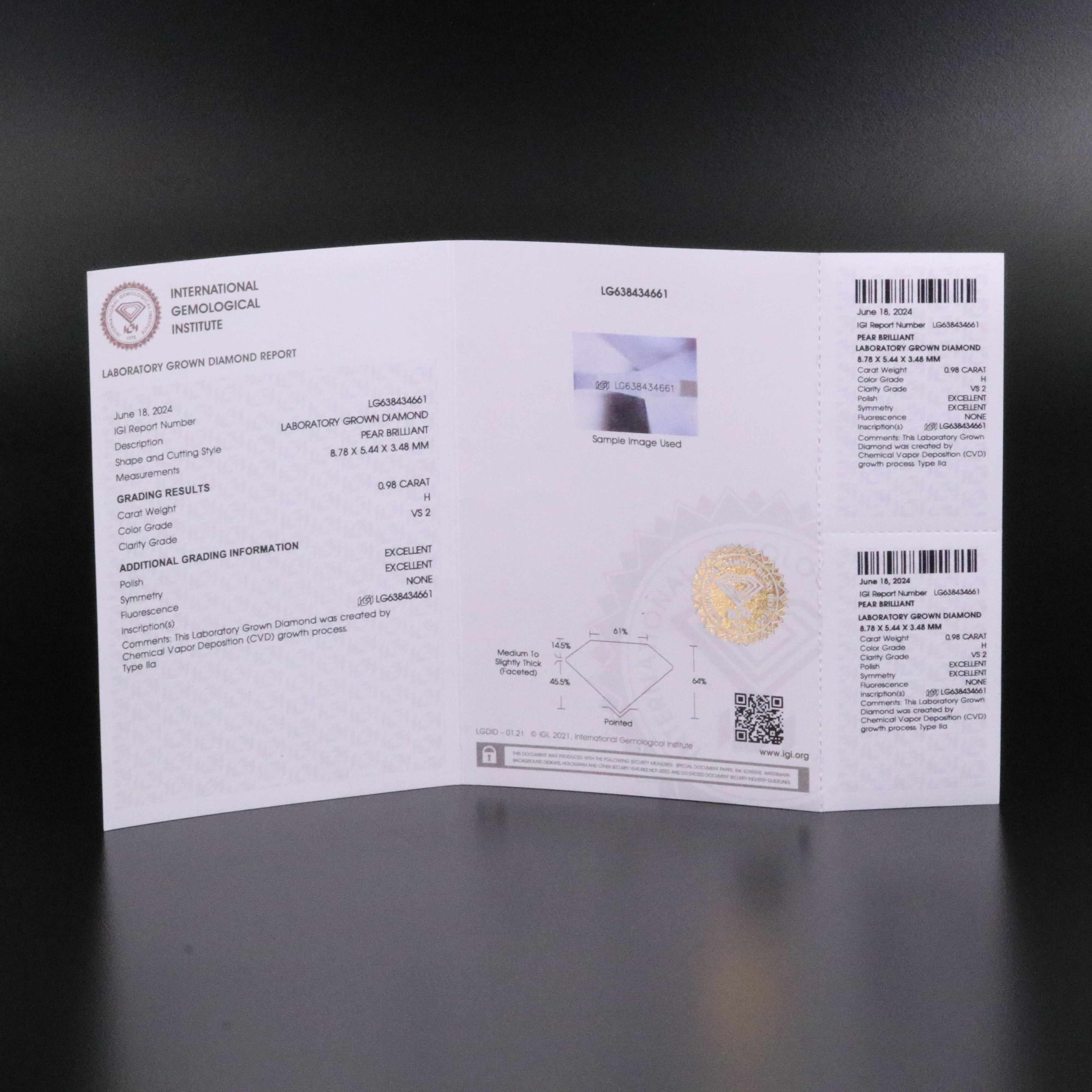 Loose 0.98 CT Lab Grown Diamond with IGI Report