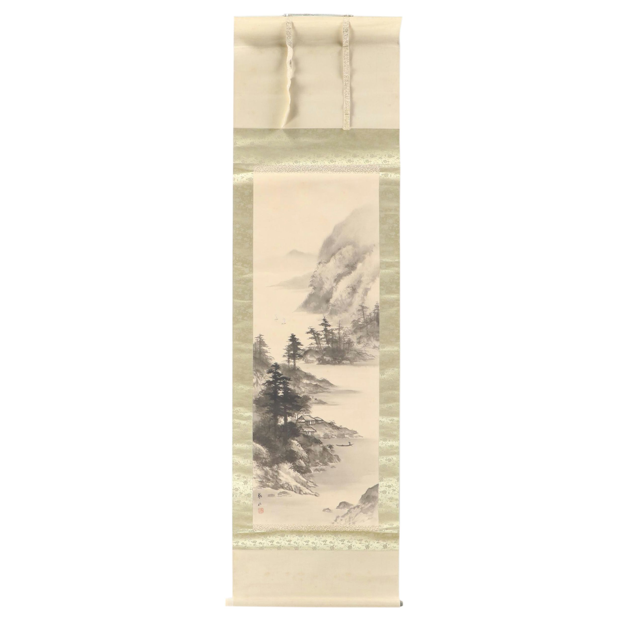 Chinese Hanging Scroll Ink Landscape Painting of Mountains and Fishing Boat