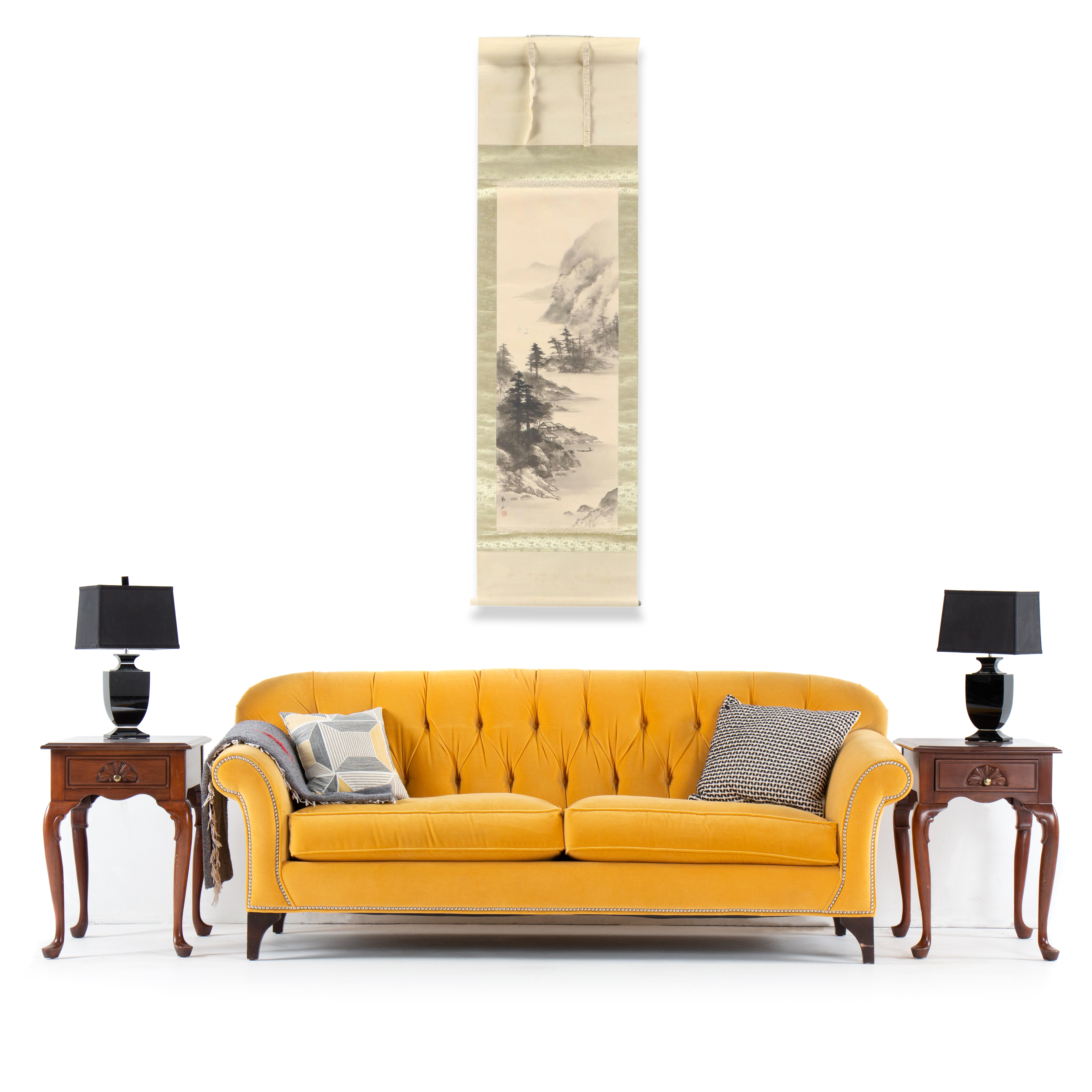 Chinese Hanging Scroll Ink Landscape Painting of Mountains and Fishing Boat