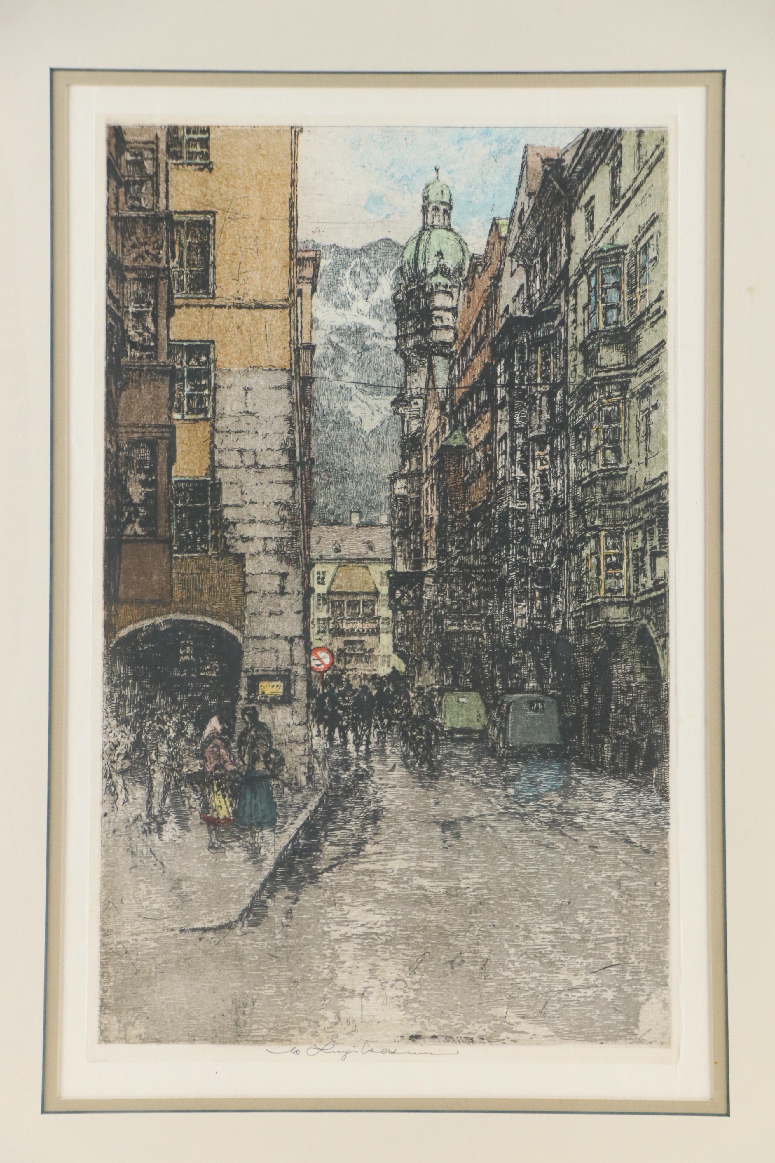 Luigi Kasimir Etching With Aquatint "Innsbruck, Golden Roof"